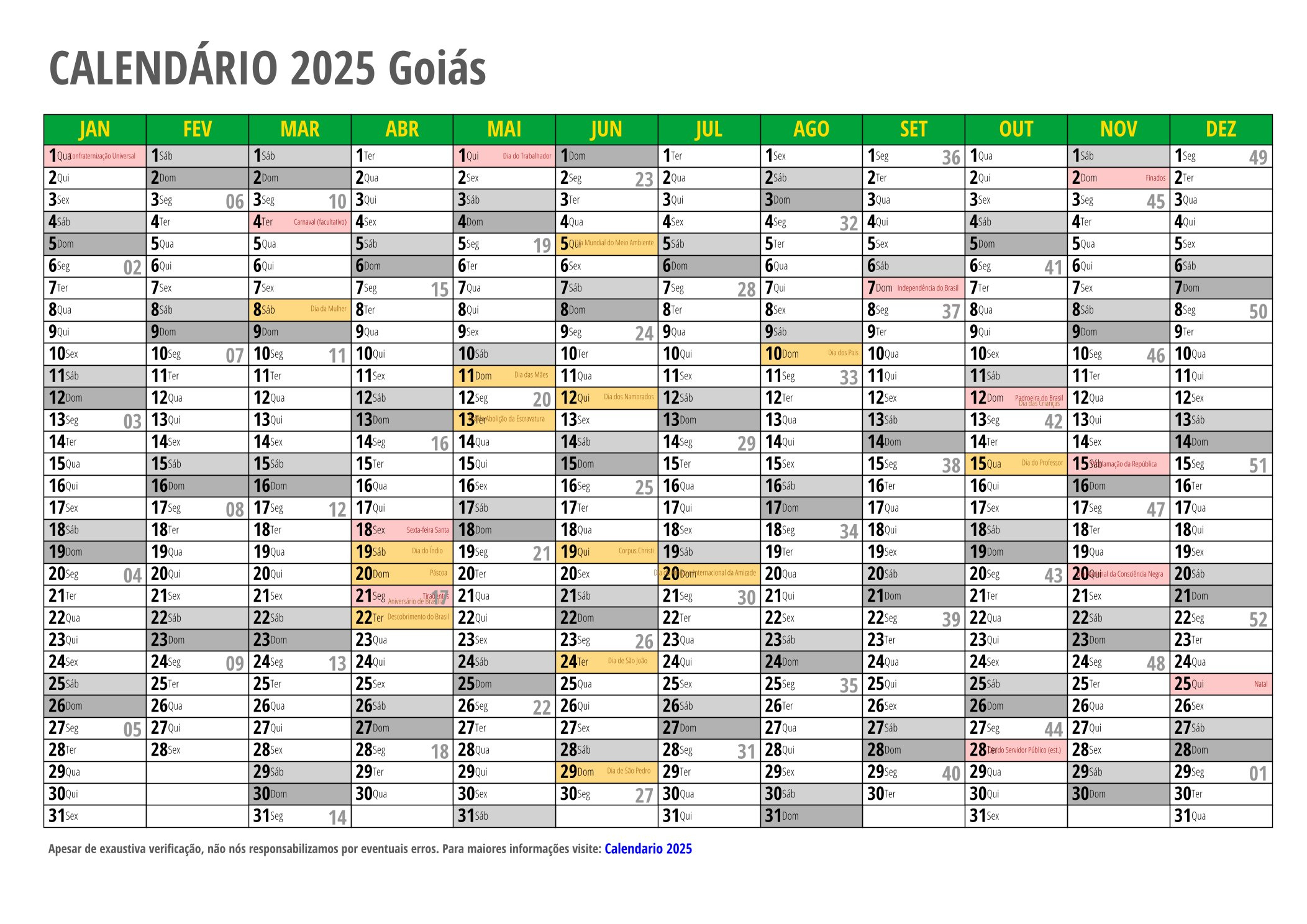 Calendário 2025 Para Imprimir Com Feriados | Calendário Escolar 2025 Goiás