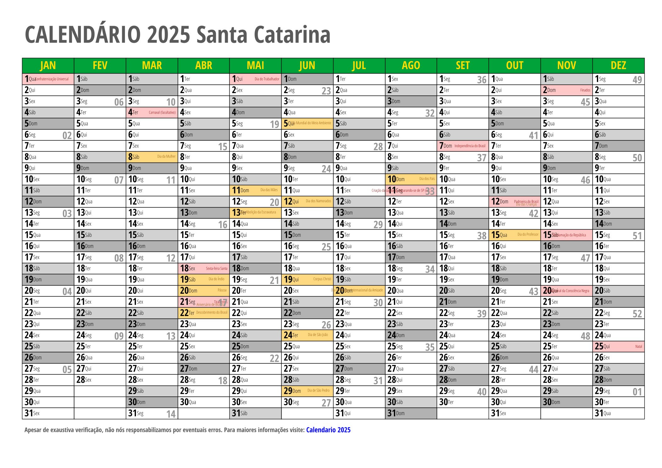 Calendário 2025 Para Imprimir Com Feriados | Calendário Escolar 2025 Sc