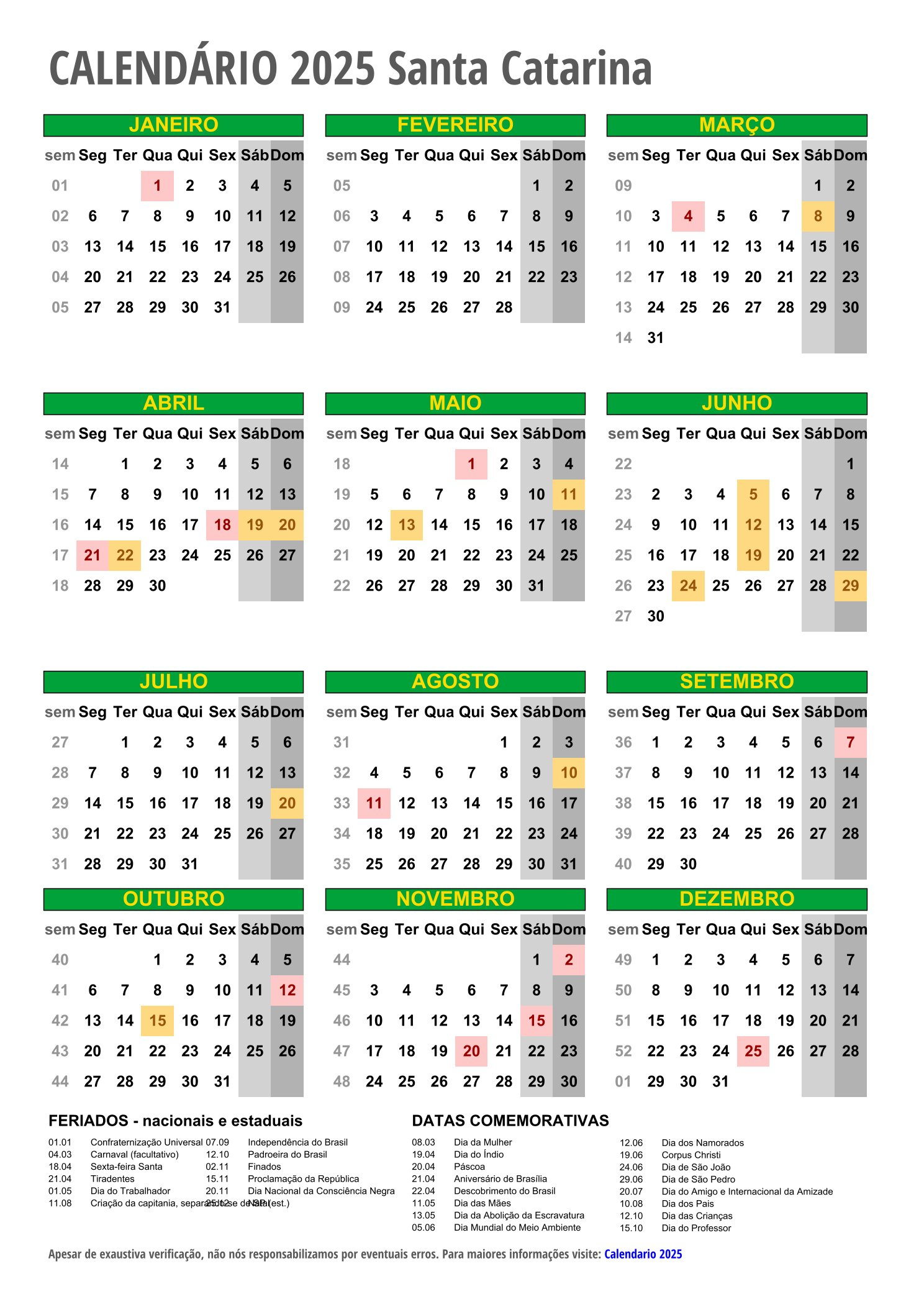 Calendário 2025 Para Imprimir Com Feriados | Calendário Escolar 2025 Sc