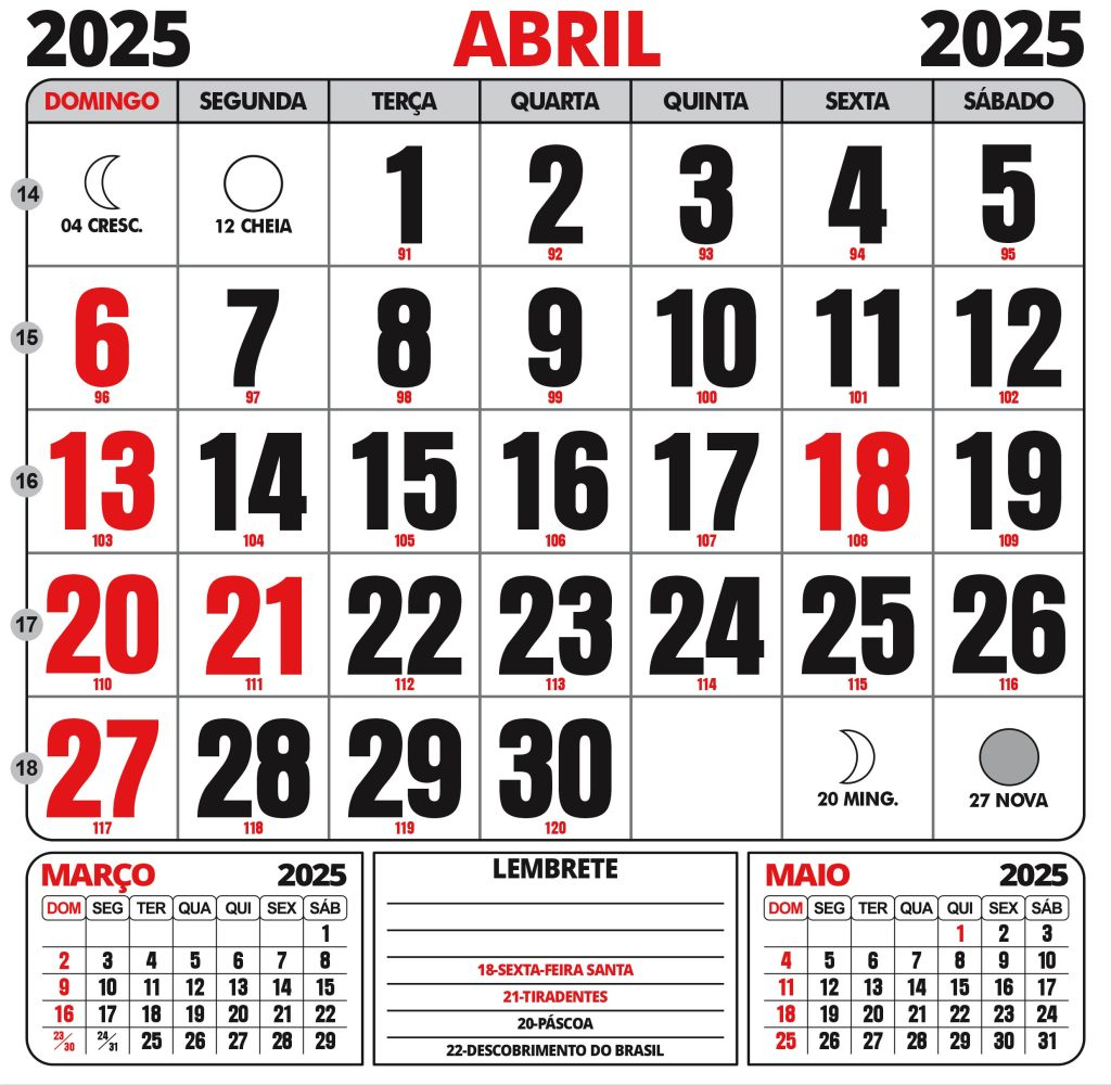 Calendário 2025 Para Imprimir Com Feriados - Digital Grátis | Calendário 2025 Abril Com Feriados