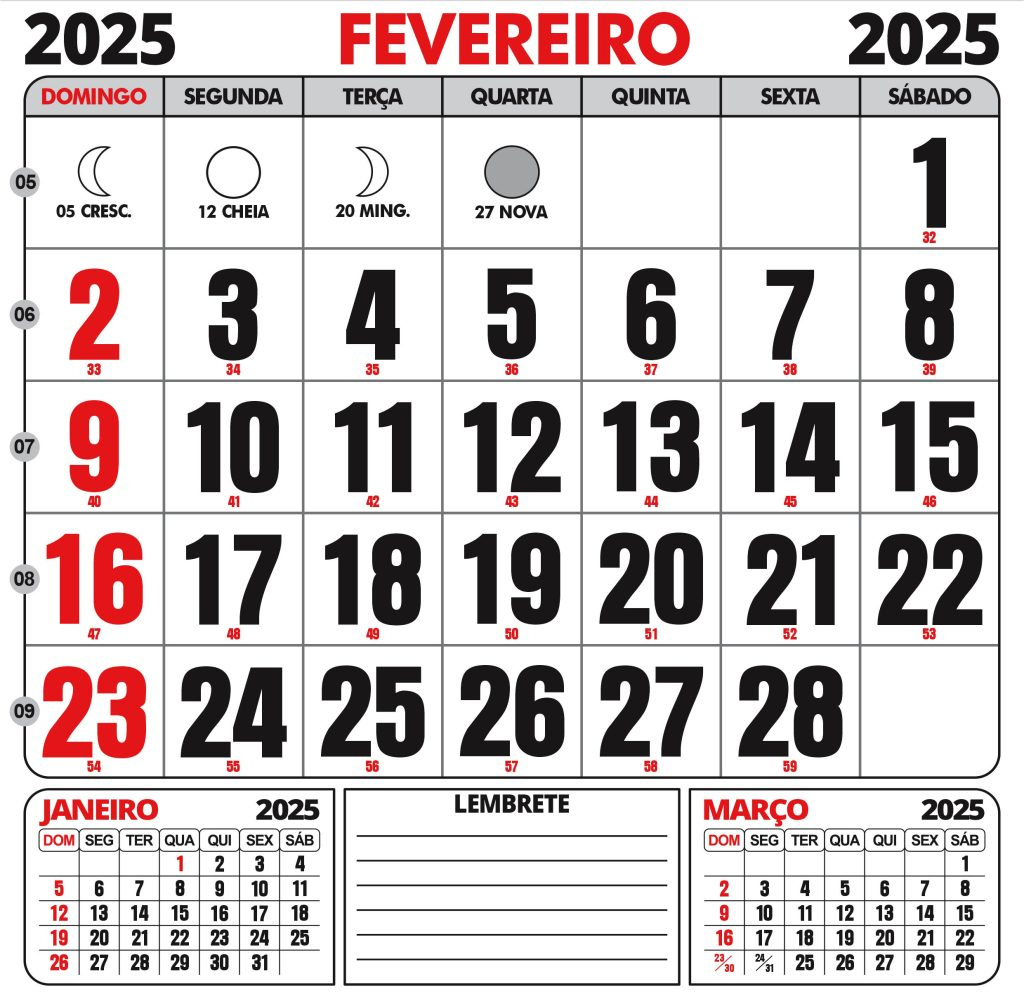 Calendário 2025 Para Imprimir Com Feriados - Digital Grátis | Calendário de Janeiro e Fevereiro de 2025