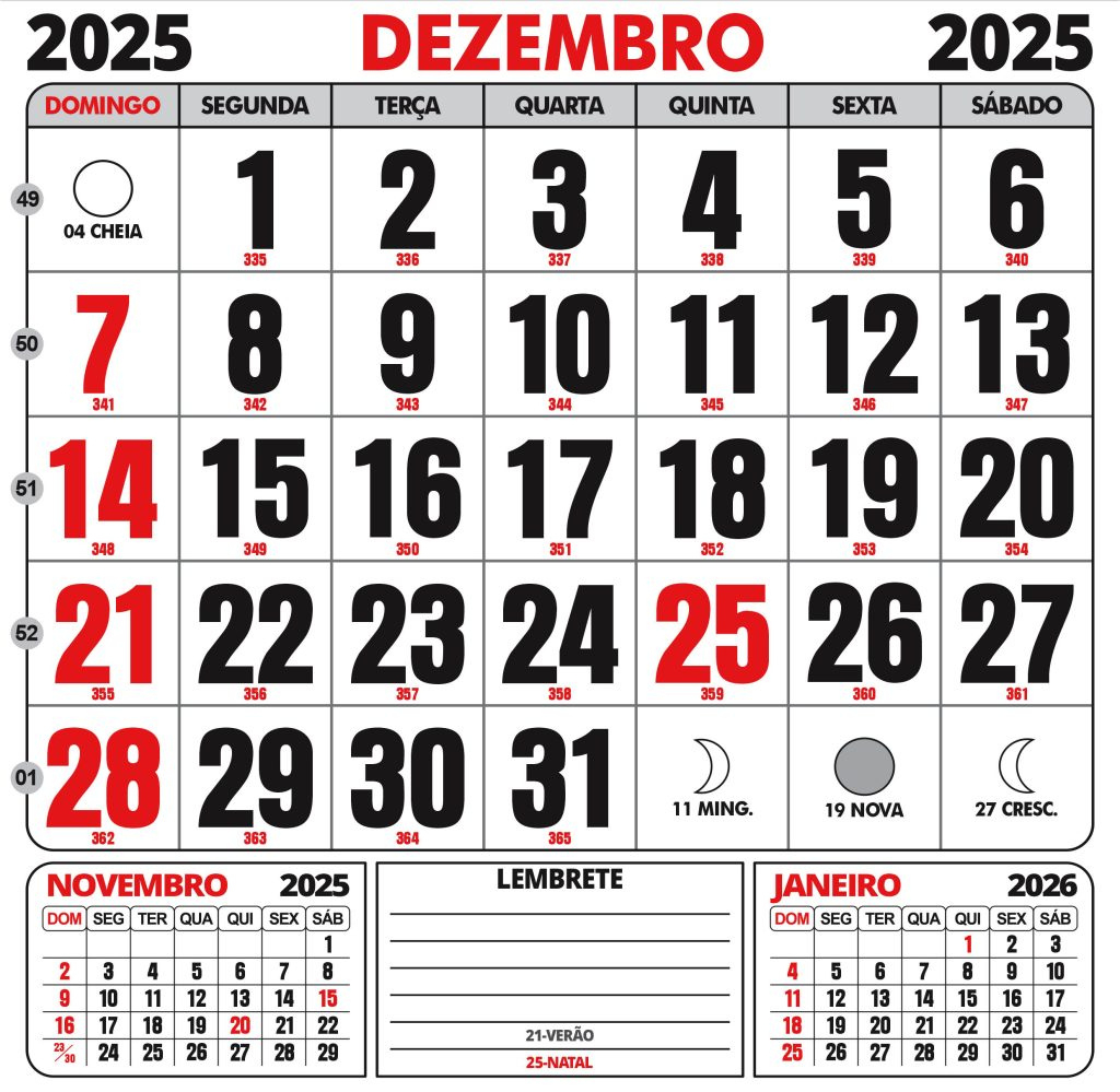 Calendário 2025 Para Imprimir Com Feriados - Digital Grátis | Calendário Dezembro 2025 com Feriados