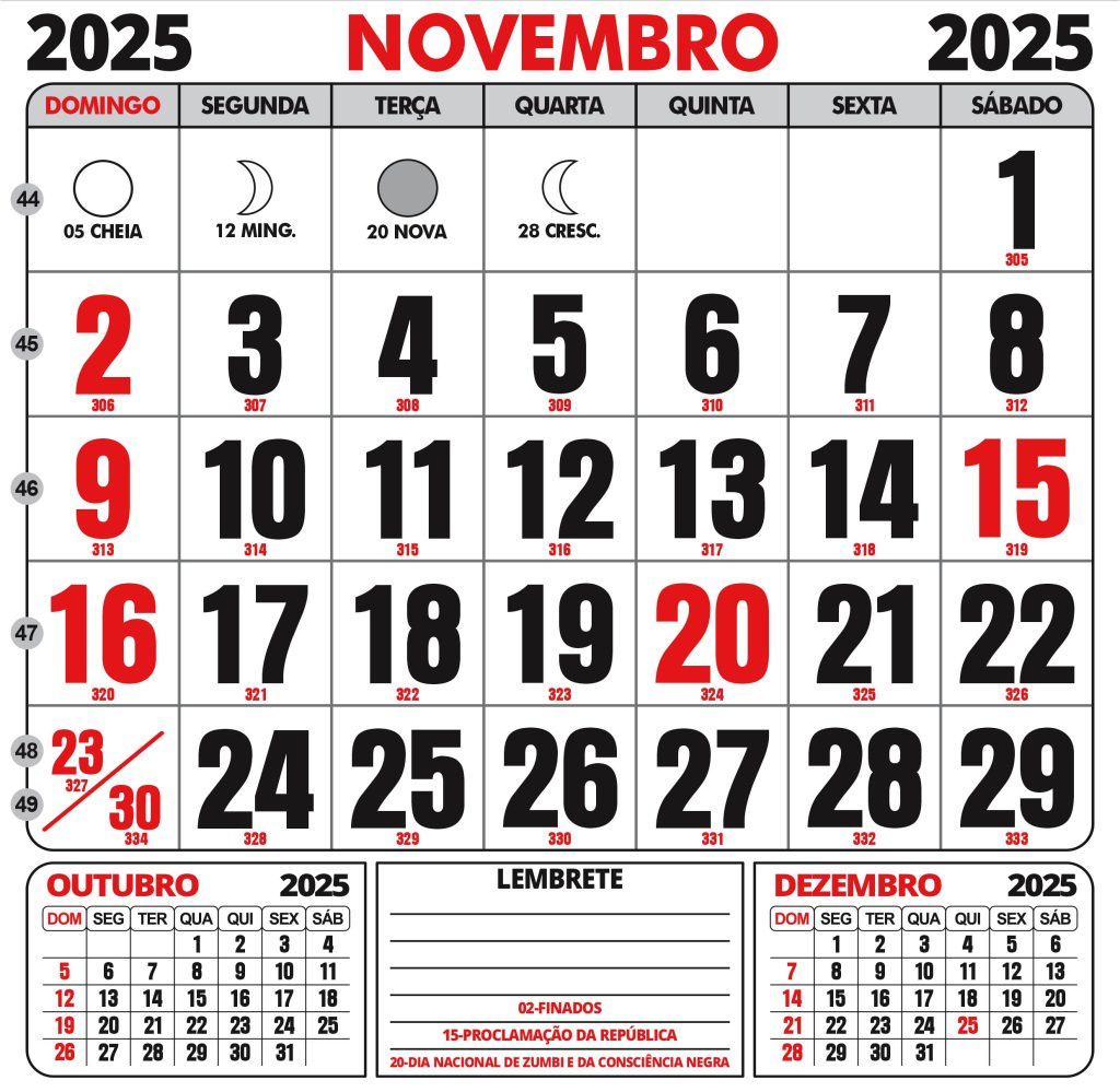 Calendário 2025 Para Imprimir Com Feriados - Digital Grátis | Calendário do Mês de Novembro de 2025