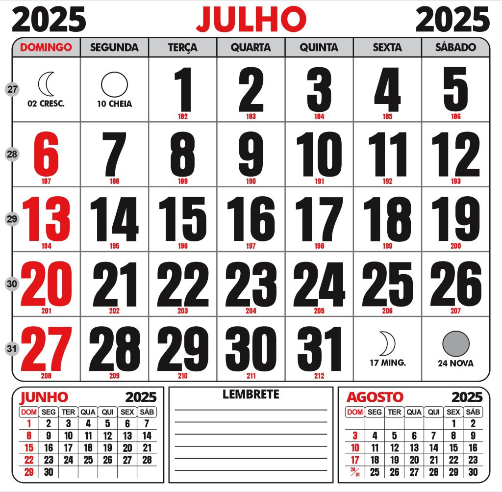 Calendário 2025 Para Imprimir Com Feriados - Digital Grátis | Calendário Julho 2025 com Feriados