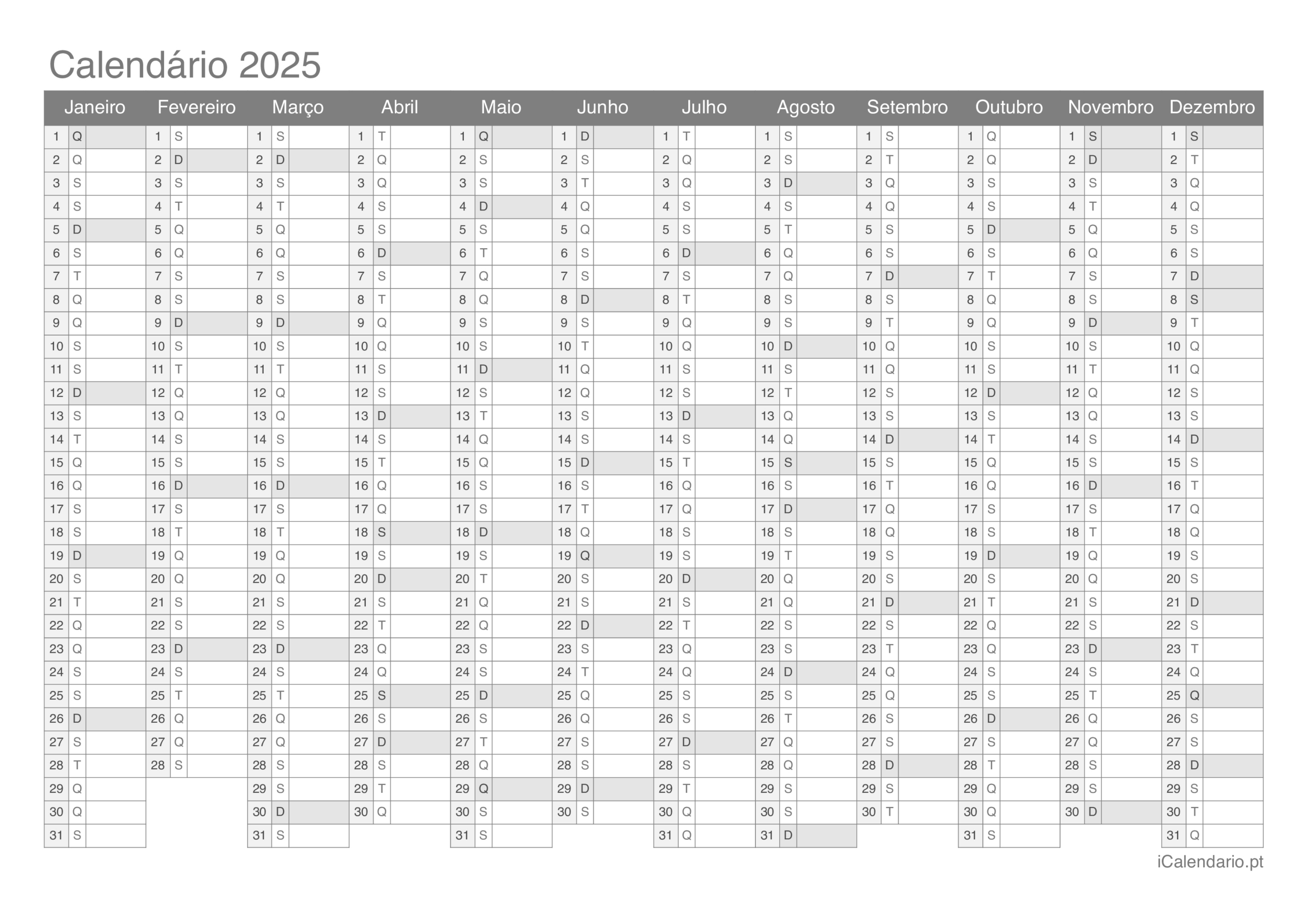 Calendário 2025 Para Imprimir Pdf E Excel | Calendário 2025 Mensal