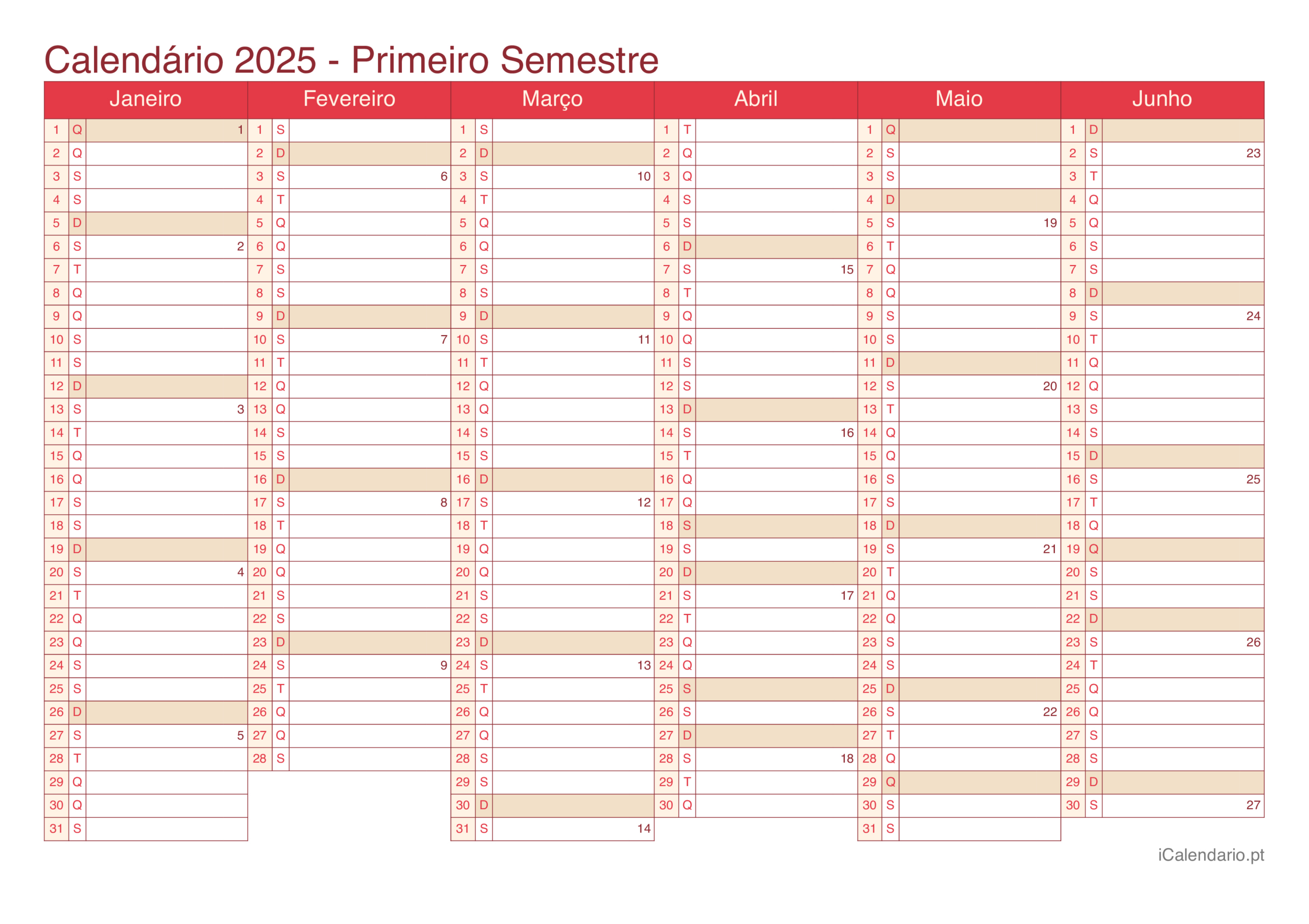 Calendário 2025 Para Imprimir Pdf E Excel | Calendário Primeiro Semestre 2025