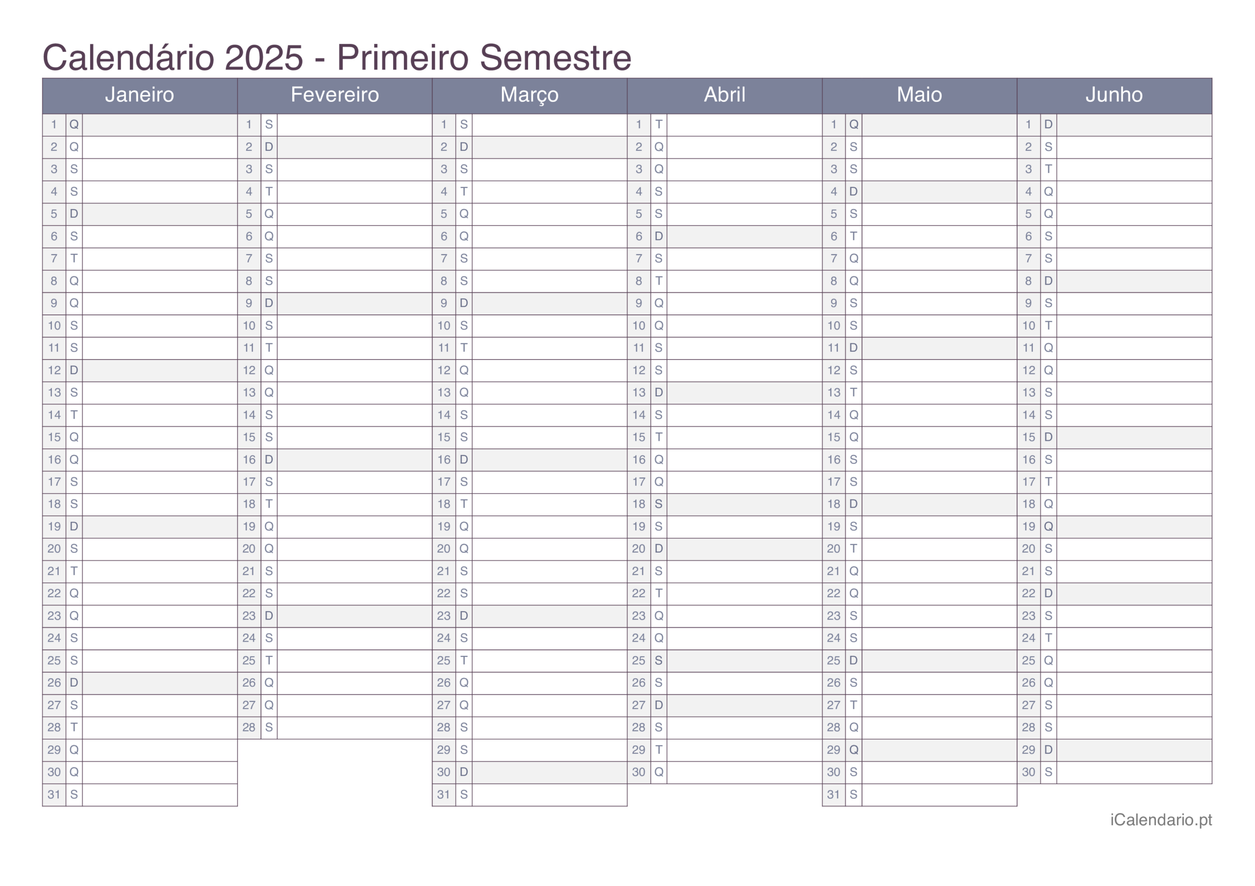 Calendário 2025 Para Imprimir Pdf E Excel | Calendário Primeiro Semestre 2025