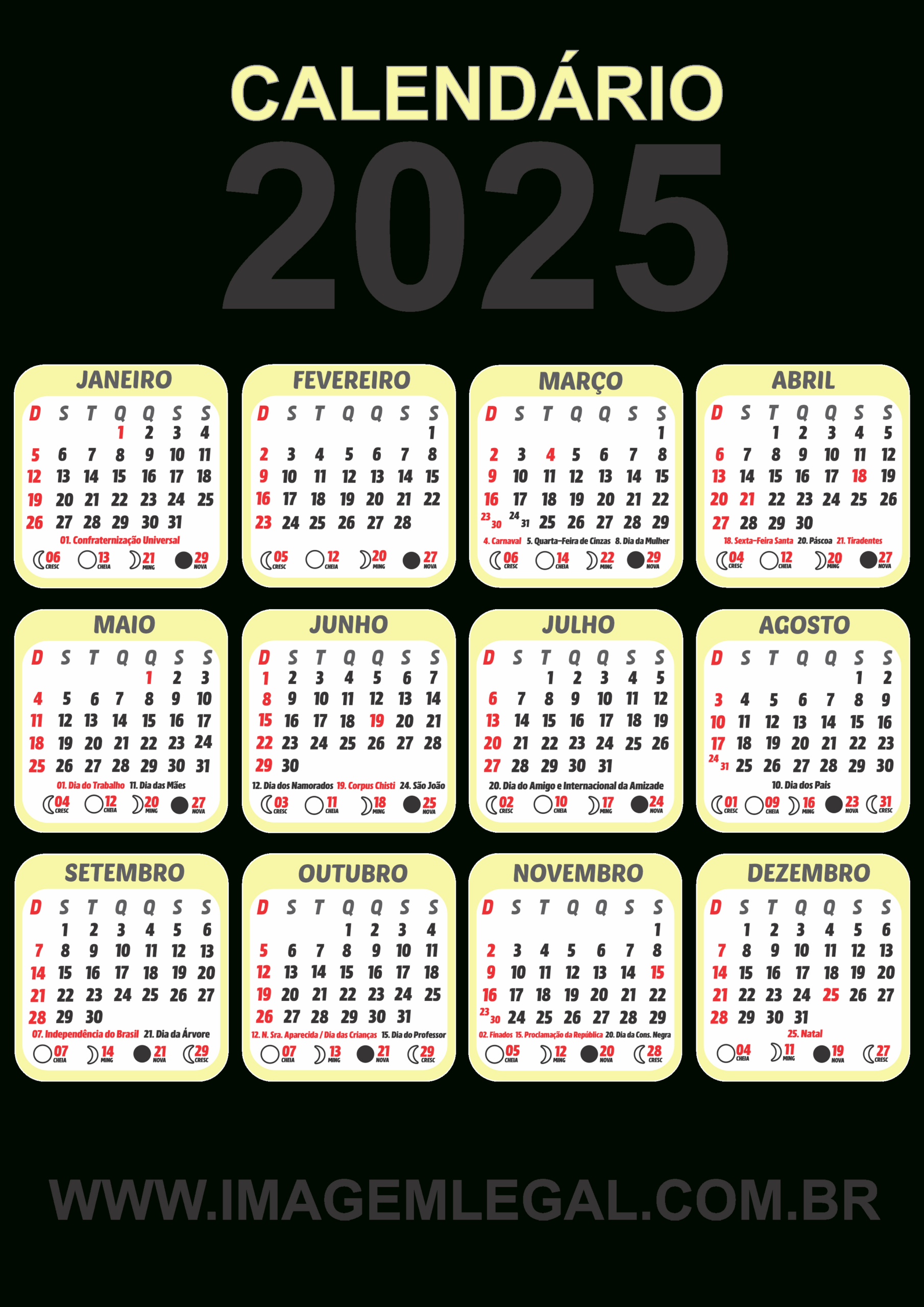 Calendário 2025 Png Amarelo Claro - Imagem Legal | Calendário 2025 com As Luas