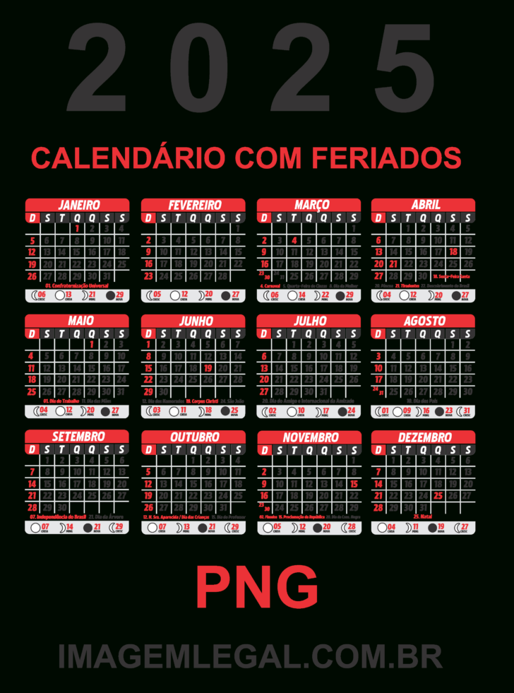 Calendário 2025 com Feriados para Imprimir