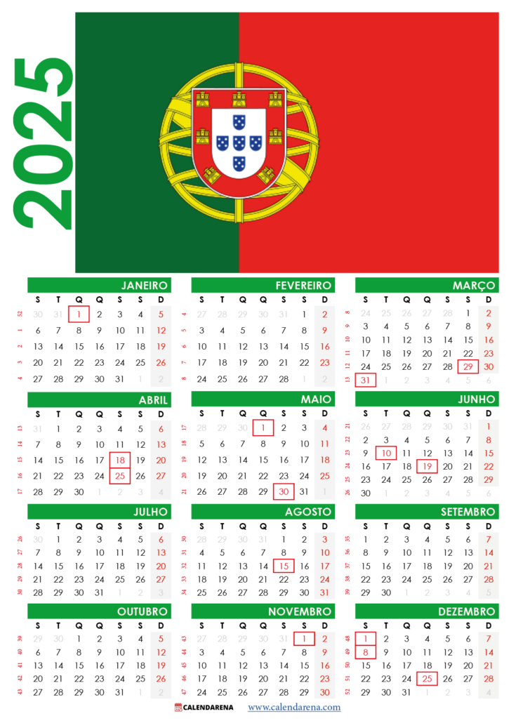 Calendário 2025 com Feriados Portugal