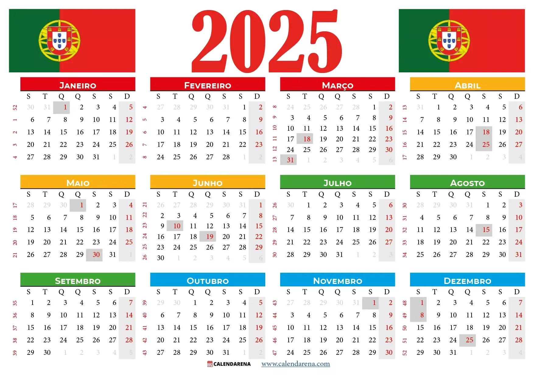 Calendário 2025 Portugal Para Imprimir Com Feriados | Calendário 2025 Com Feriados Portugal