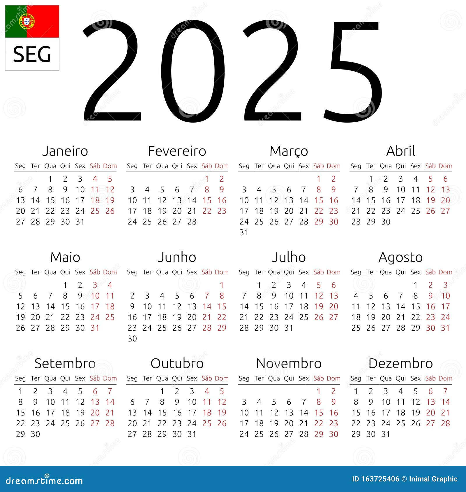 Calendário 2025, Português, Segunda-Feira Ilustração Do Vetor | Calendário 2025 em Português