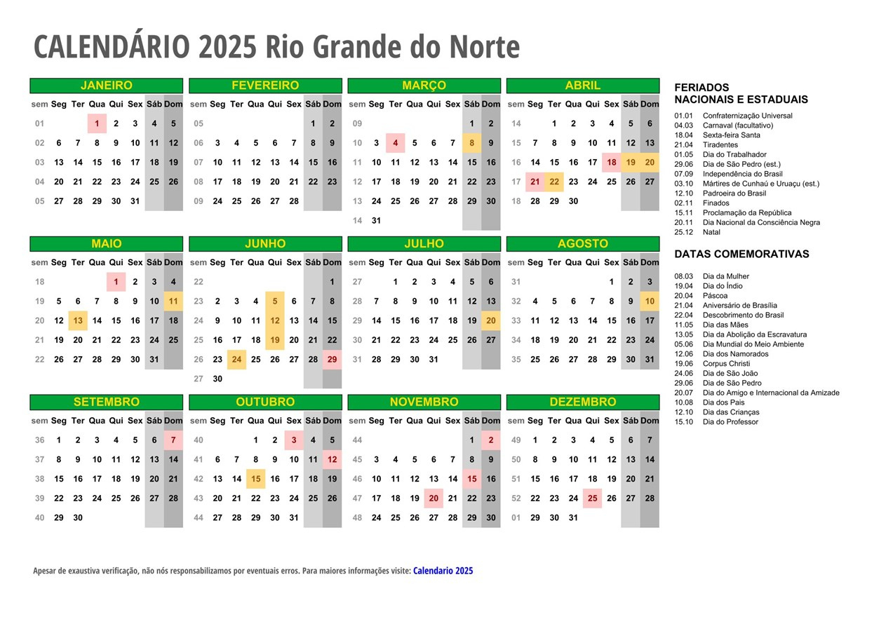 Calendário 2025 Rio Grande Do Norte - Com Feriados | Calendário 2025 Rio Grande Do Norte