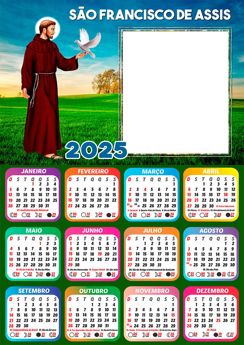 Calendário 2025 São Francisco De Assis Em Png Arte Digital | Calendário 2025 com Luas