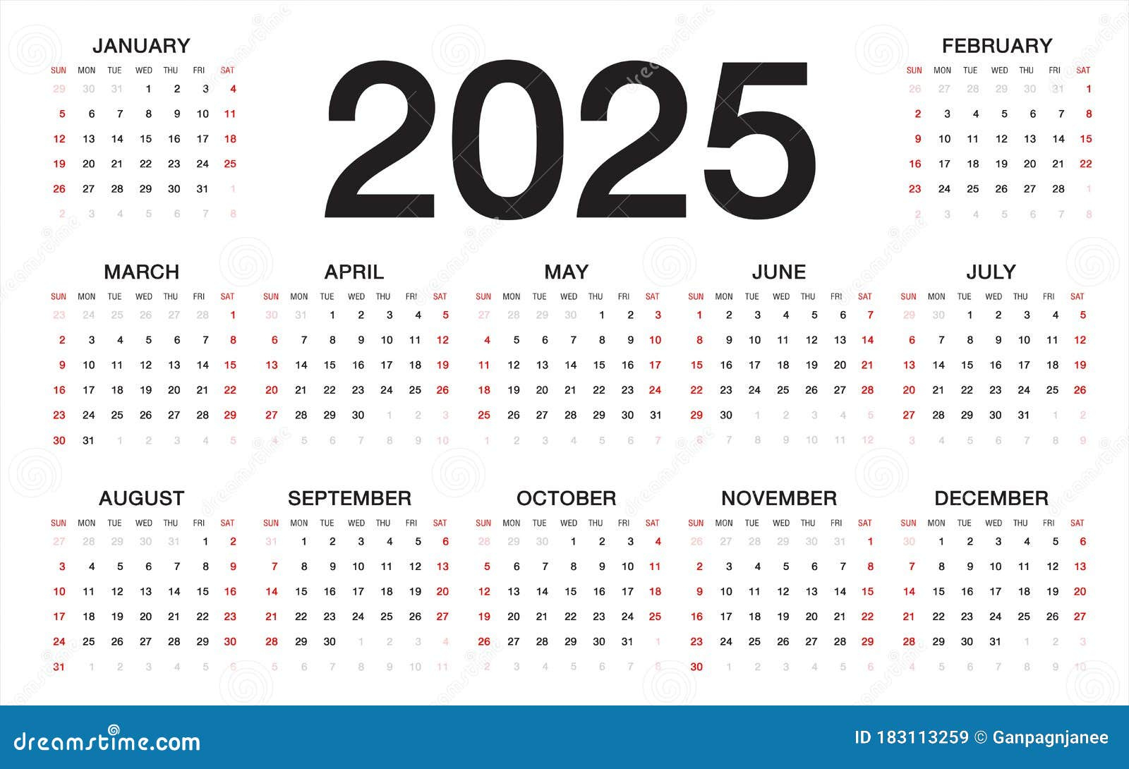 Calendário 2025 Semana A Contar Do Domingo Ilustração Do Vetor | Calendário de Semanas 2025