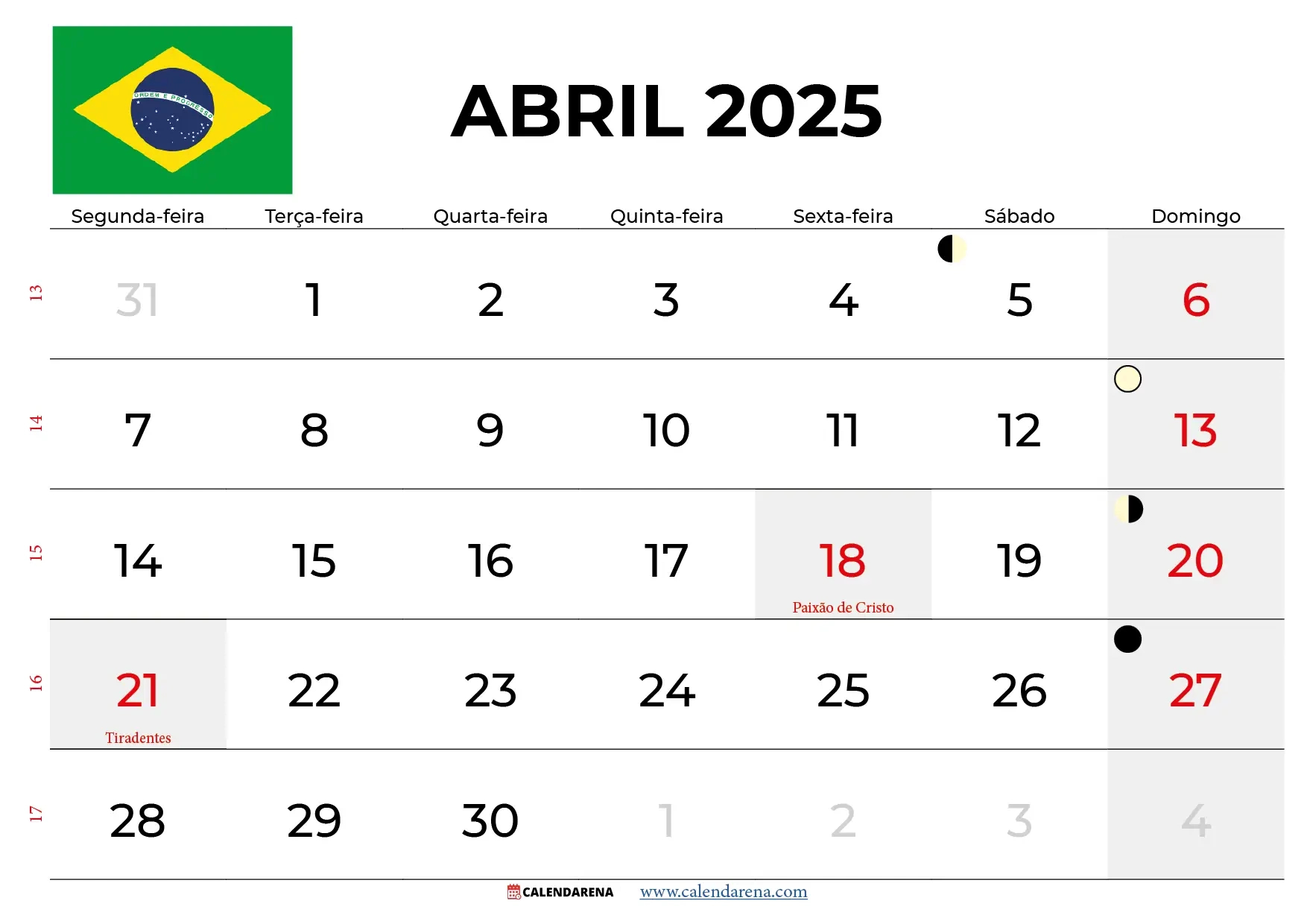 Calendário Abril 2025 Brasil | Calendário 2025 Abril Com Feriados