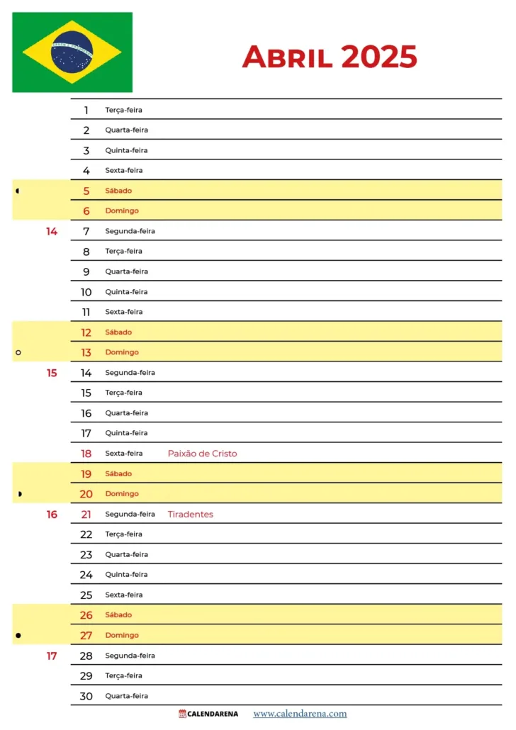 Calendário Abril 2025 Brasil