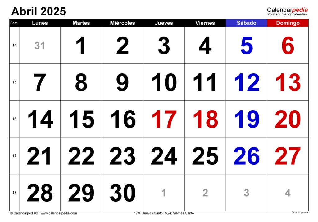 Calendário 2025 Semana Santa Calendário 2025