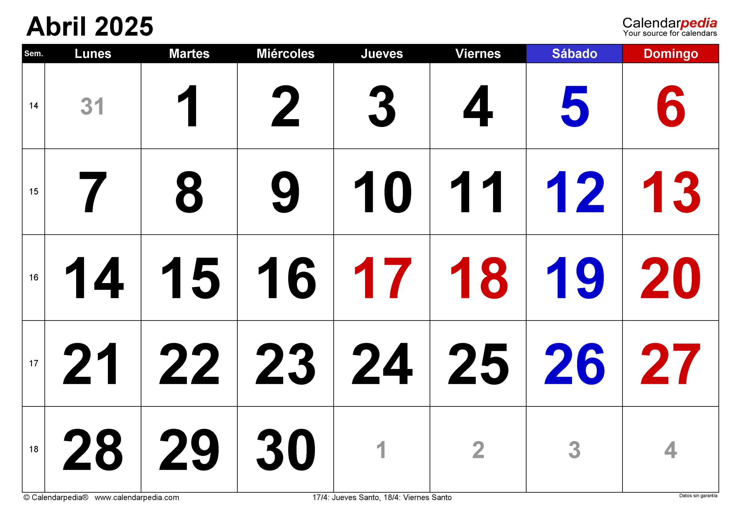 Calendario Abril 2025 En Word, Excel Y Pdf - Calendarpedia | Calendário 2025 Semana Santa