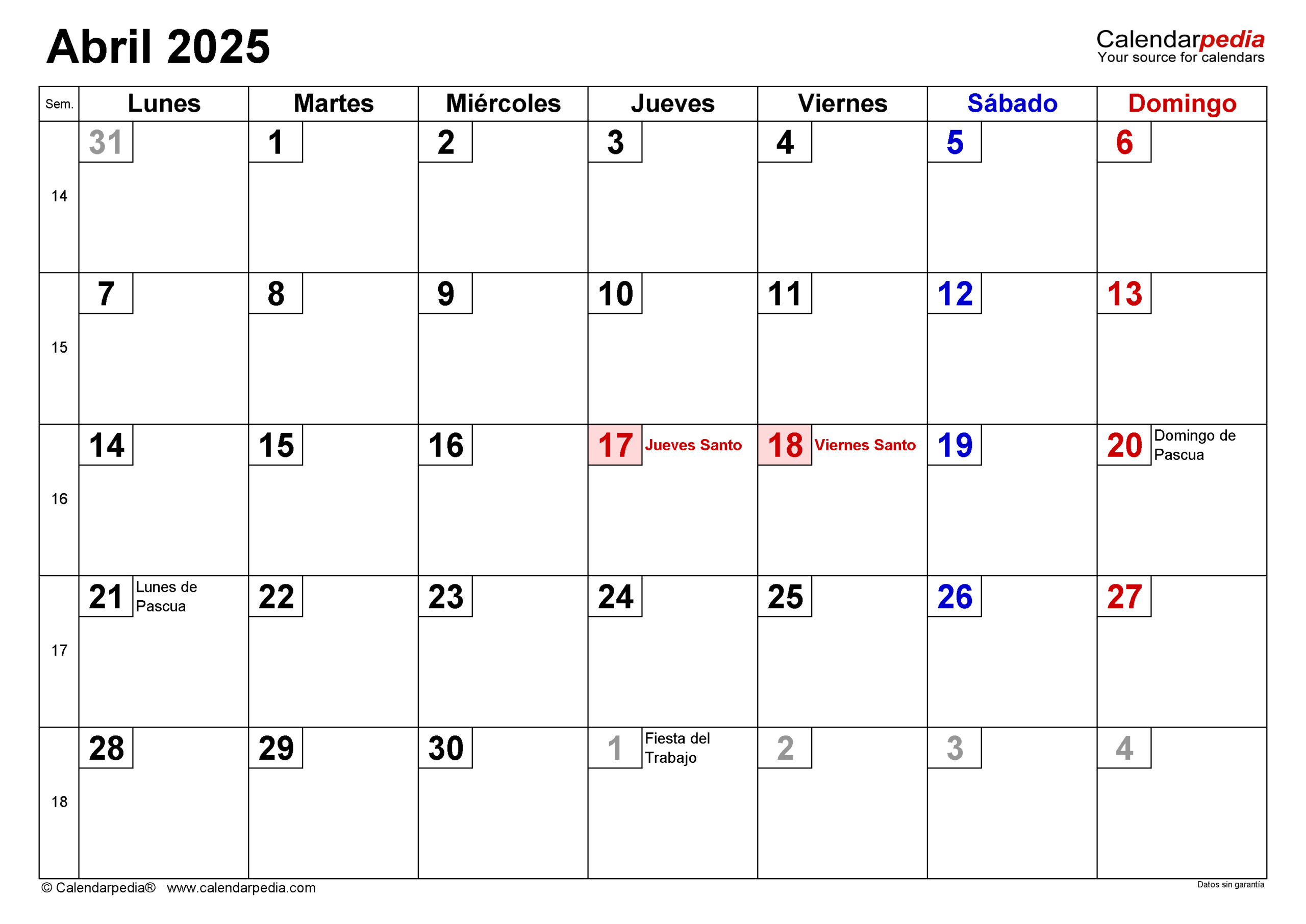 Calendario Abril 2025 En Word, Excel Y Pdf - Calendarpedia | Calendário Semana Santa 2025