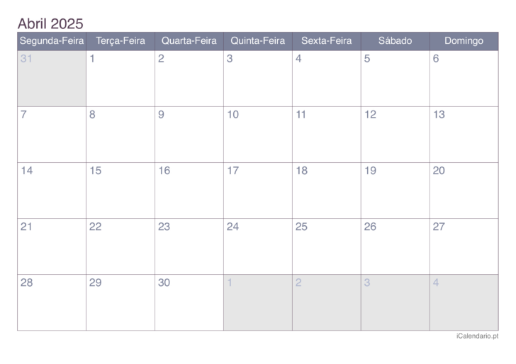 Calendário Abril 2025 Feriados