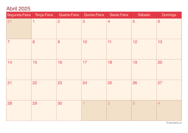 Calendário Abril 2025 para Imprimir