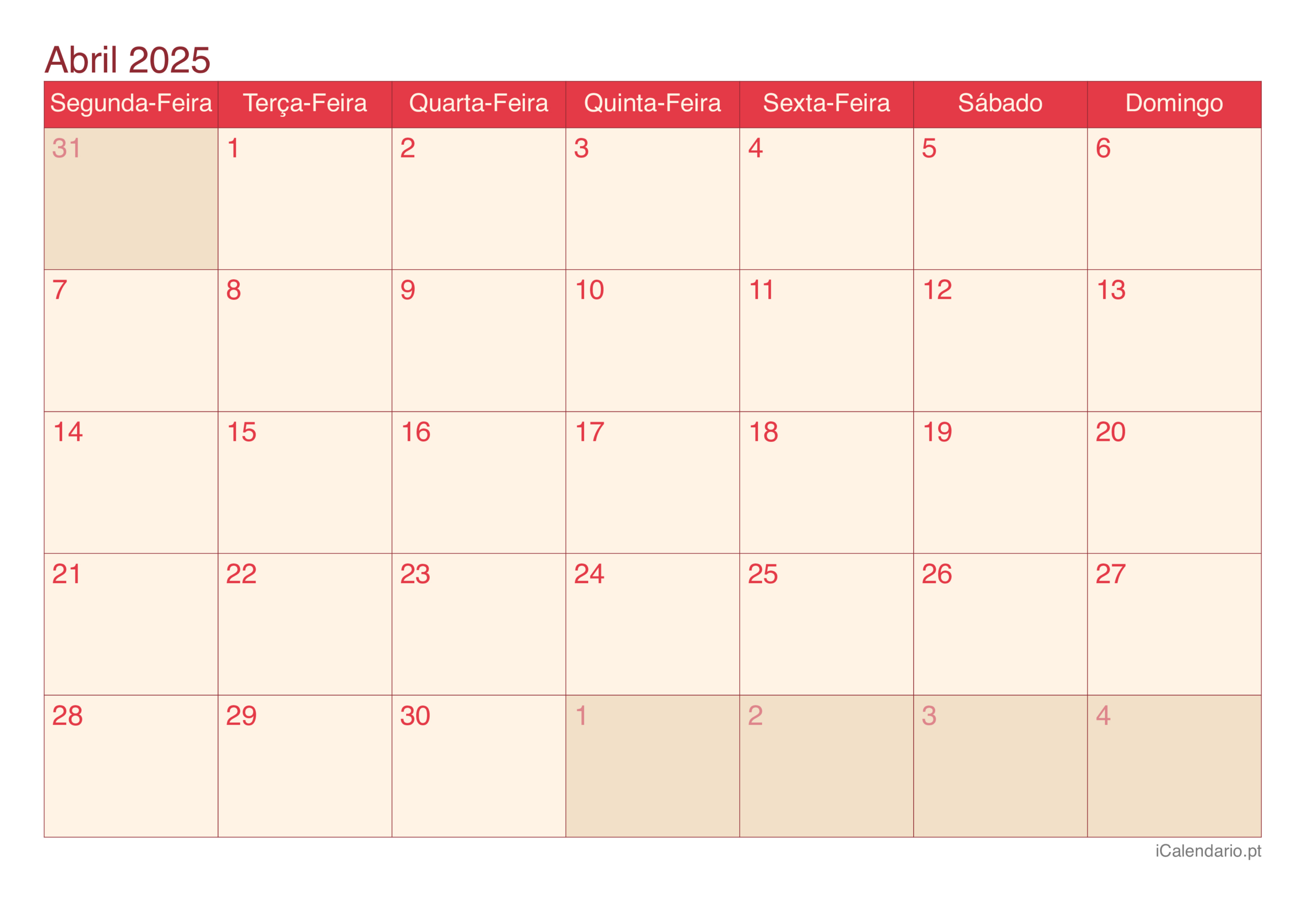 Calendário Abril De 2025 Para Imprimir | Calendário Abril 2025 para Imprimir