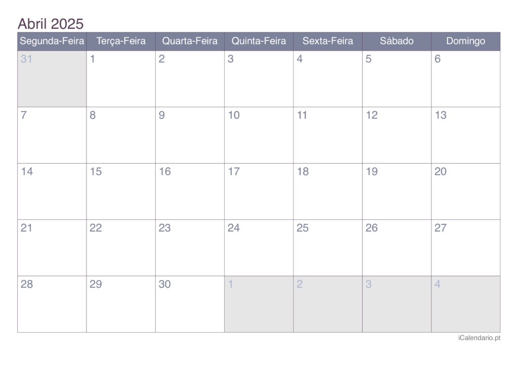 Calendário de Abril de 2025 com Feriados Calendário 2025