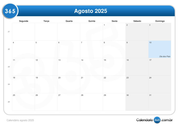 Calendário Agosto 2025 com Feriados