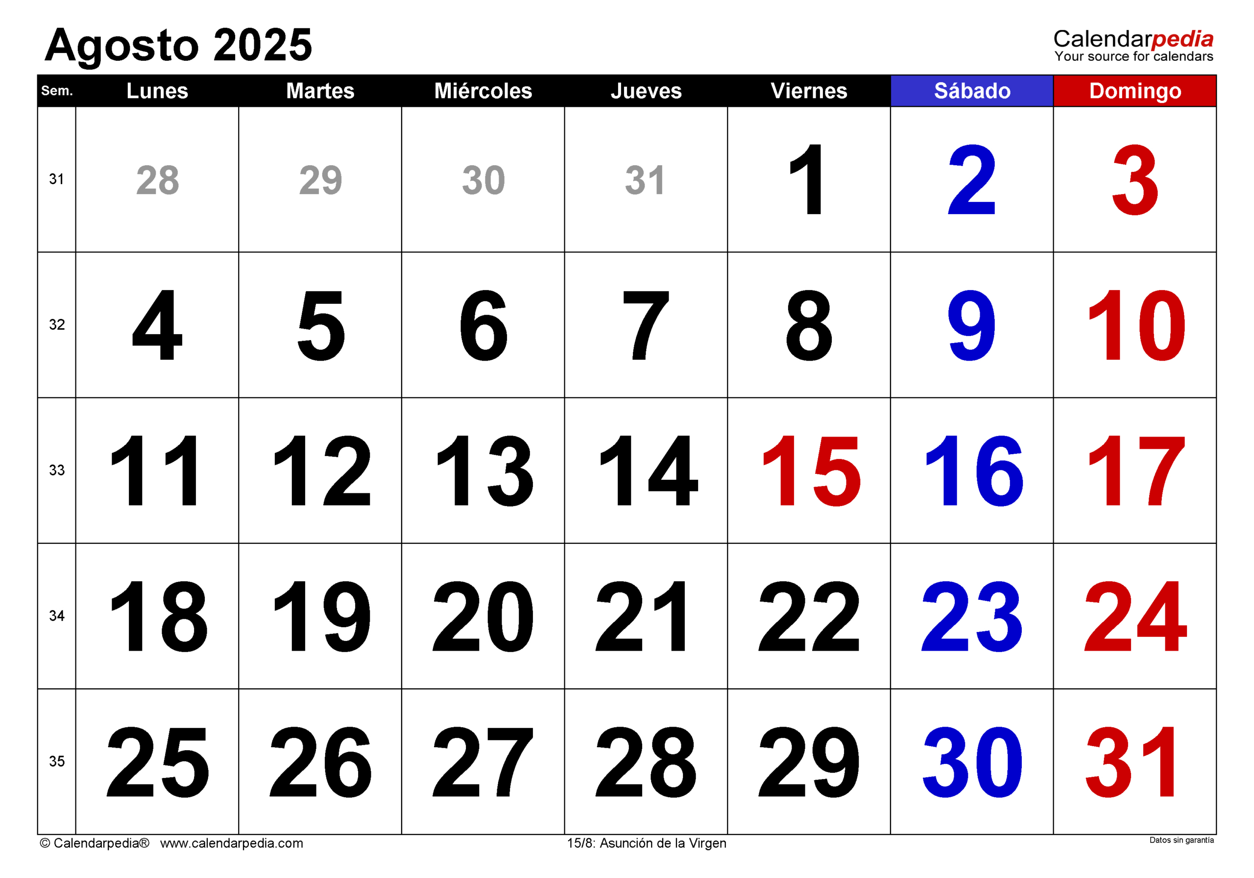 Calendario Agosto 2025 En Word, Excel Y Pdf - Calendarpedia | Agosto de 2025 Calendário