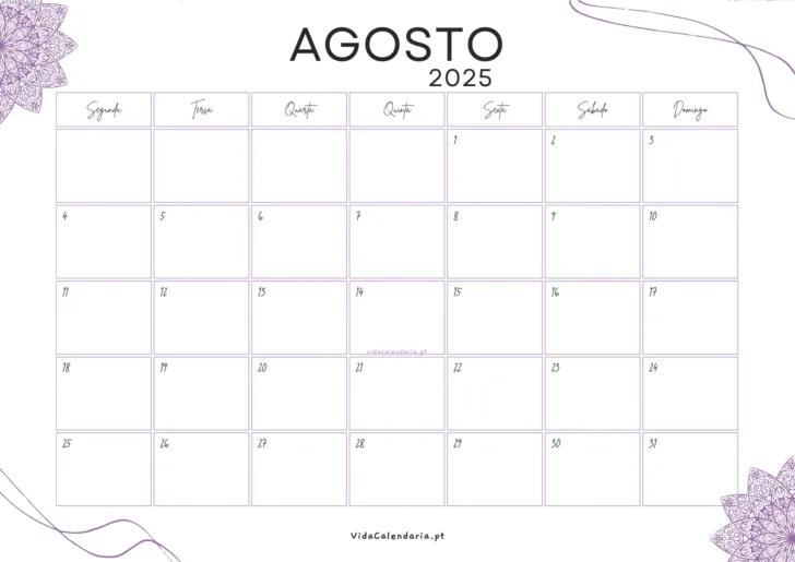 Calendário Agosto 2025 para Imprimir