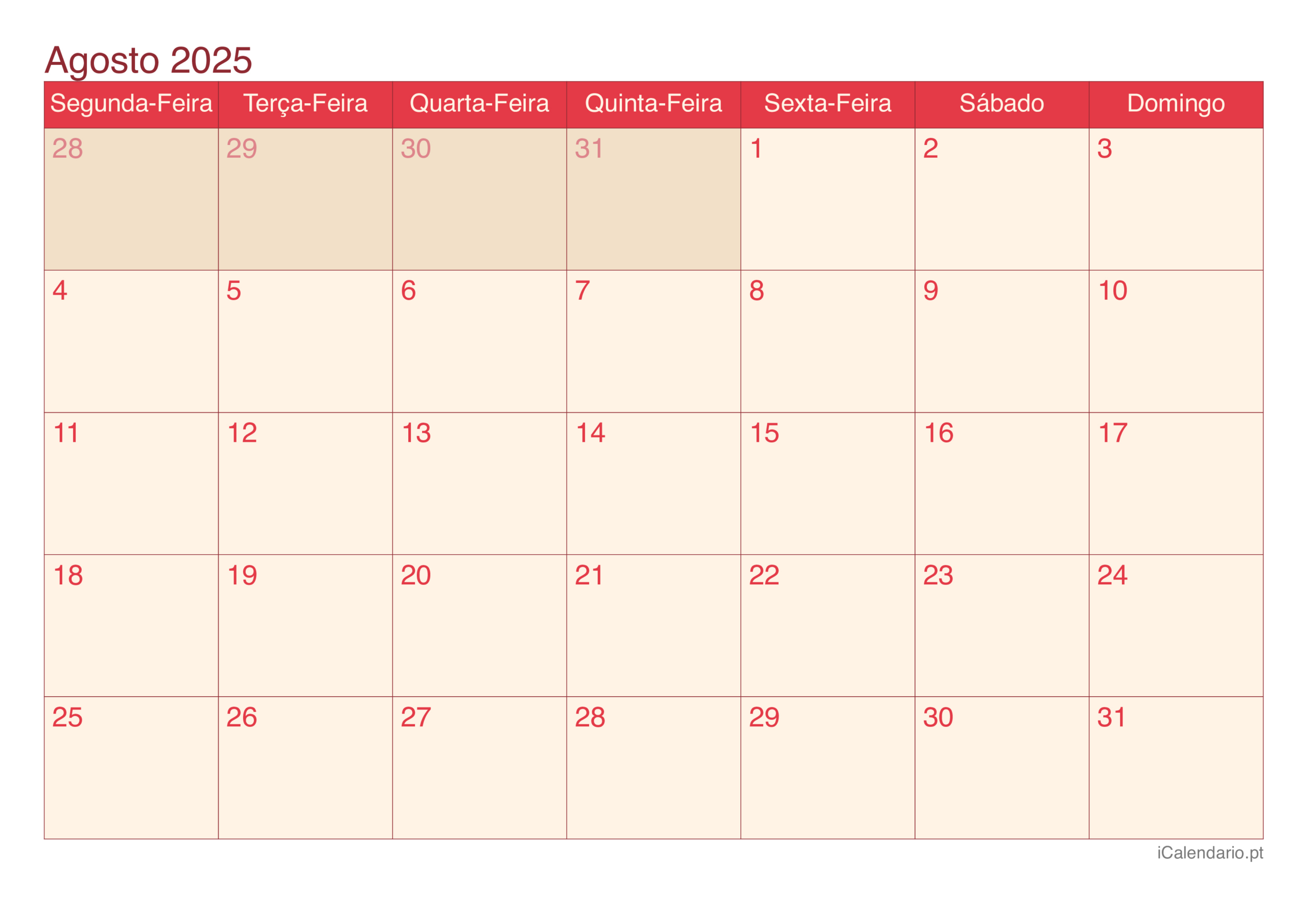 Calendário Agosto De 2025 Para Imprimir | Calendário 2025 Mês de Agosto