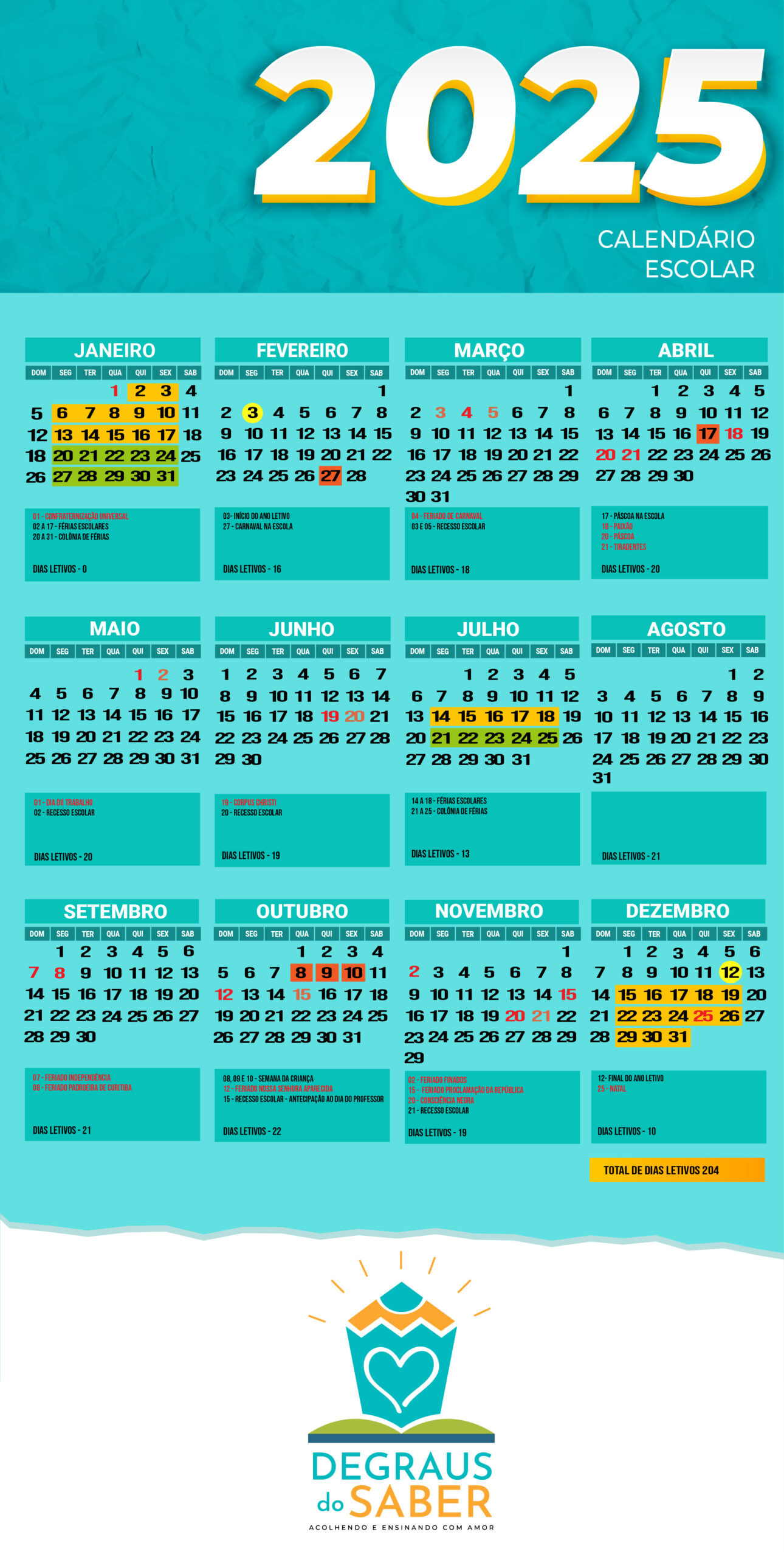 Calendário - Cei Degraus Do Saber | Calendário Escolar 2025 Curitiba