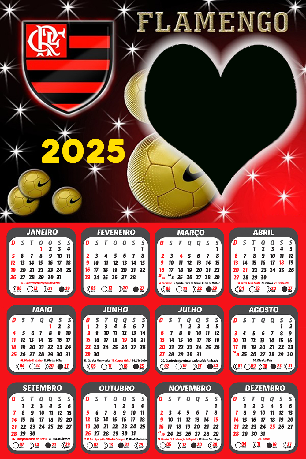 Calendário Coração Flamengo 2025 - Digital Grátis | Calendário do Flamengo 2025