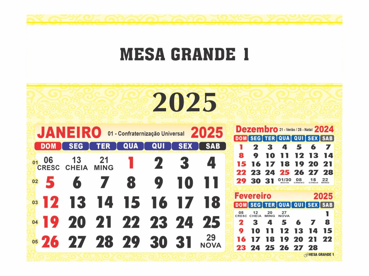 Calendário De Mesa 2025 - Mesa Grande 1 - Grafiara | Calendário de Mesa 2025 para Imprimir