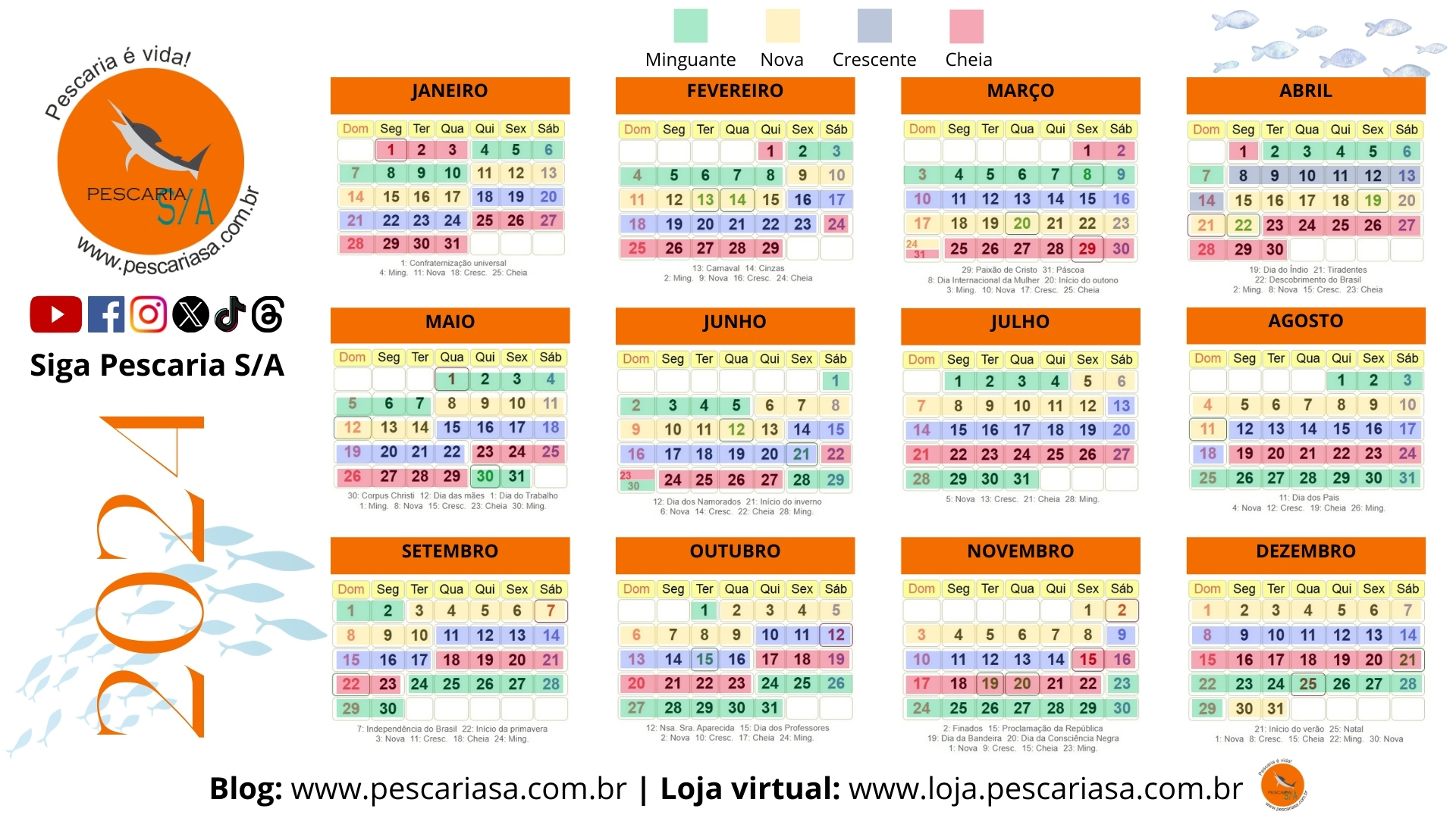 Calendário De Pesca 2024 Lunar Com Feriados: Download Grátis | Calendário de Pesca 2025 Água Doce