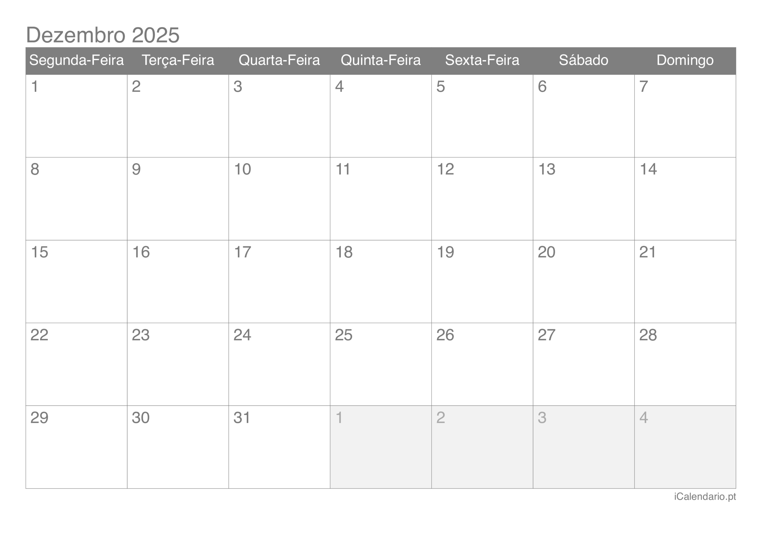 Calendário Dezembro De 2025 Para Imprimir | Calendário De Dezembro 2025