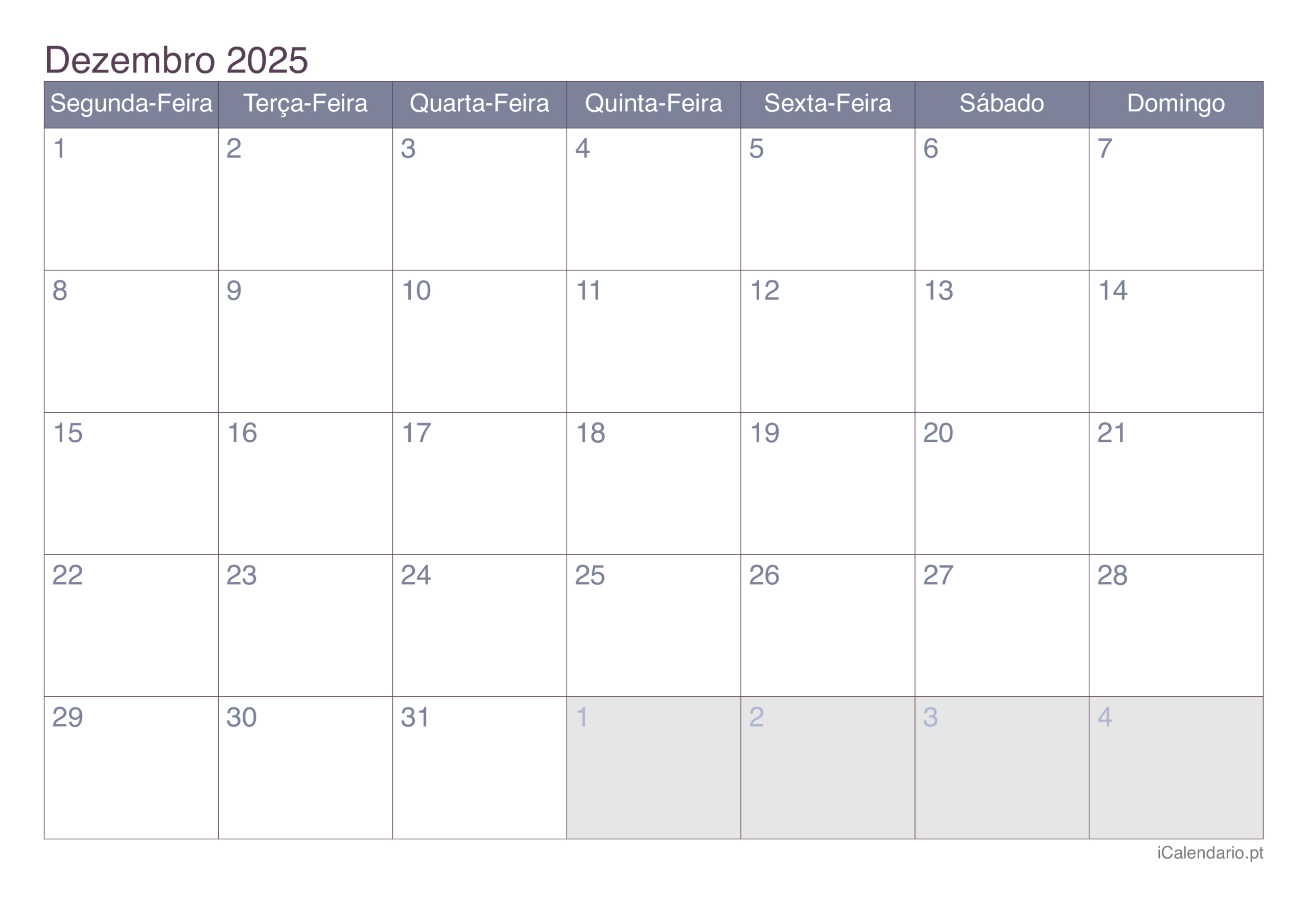 Calendário Dezembro De 2025 Para Imprimir | Calendário De Dezembro De 2025