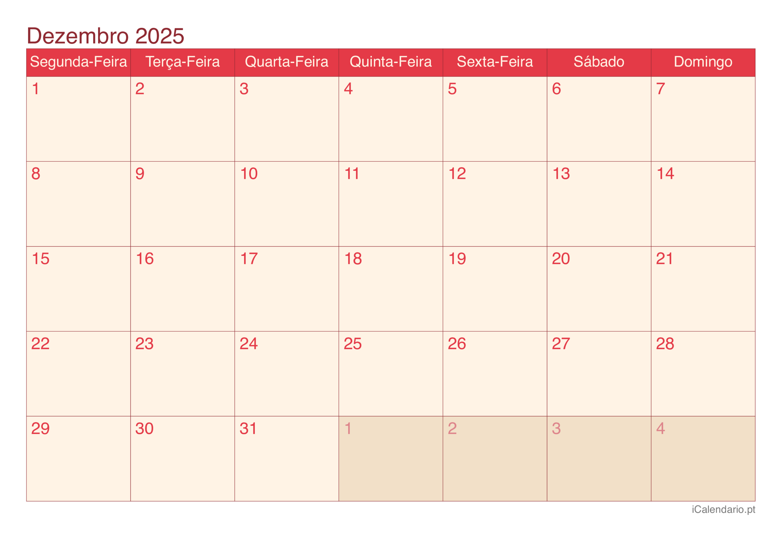 Calendário Dezembro De 2025 Para Imprimir | Calendário Dezembro E Janeiro 2025