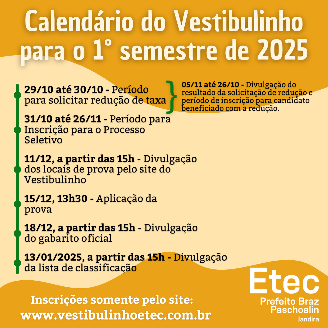 Calendário Do Vestibulinho – Etec Prefeito Braz Paschoalin | Calendário Vestibulinho Etec 2025