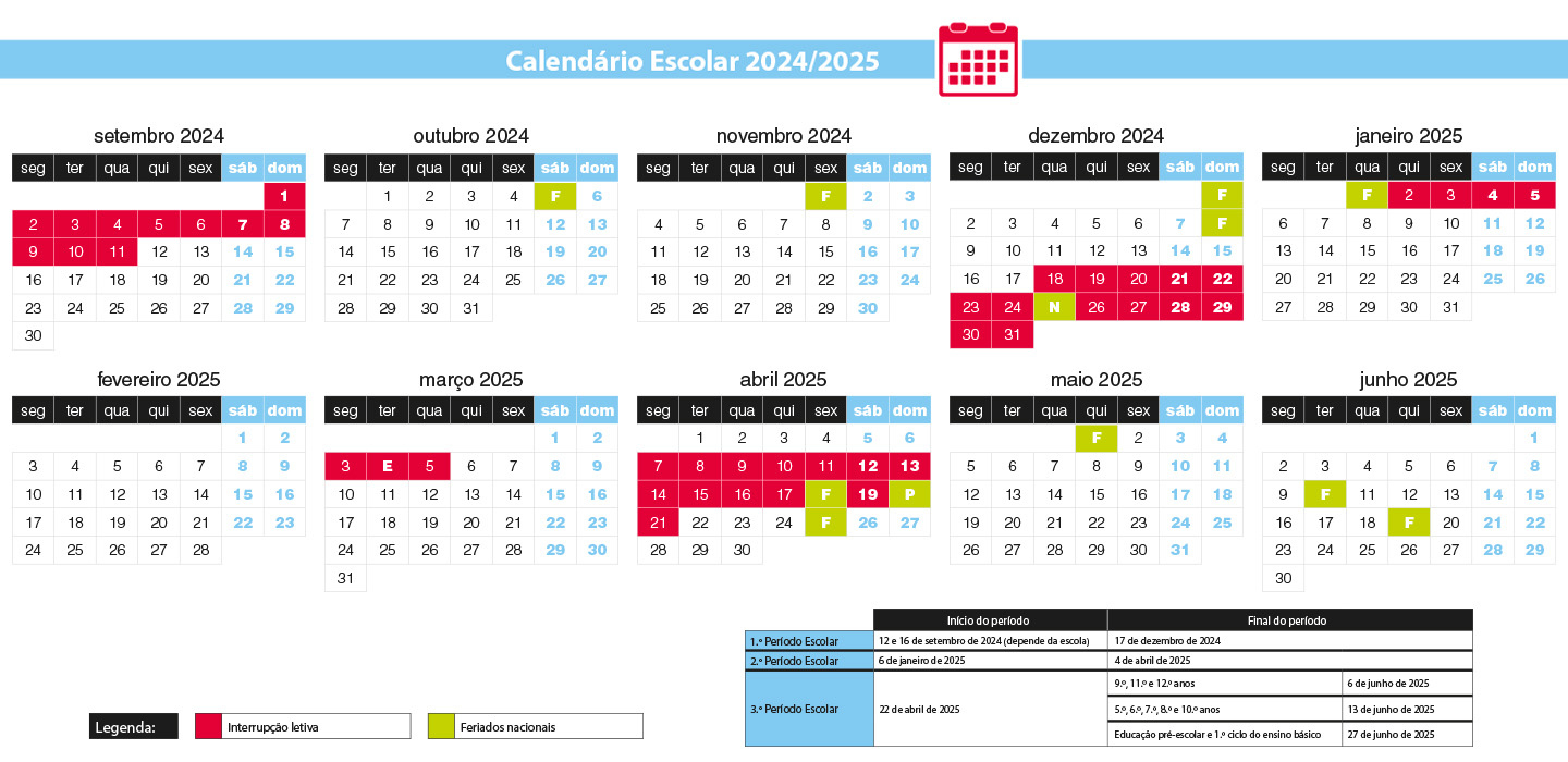 Calendário Escolar 2024/2025 - Leirilivro Livros Escolares | Calendário Ano Letivo 2025