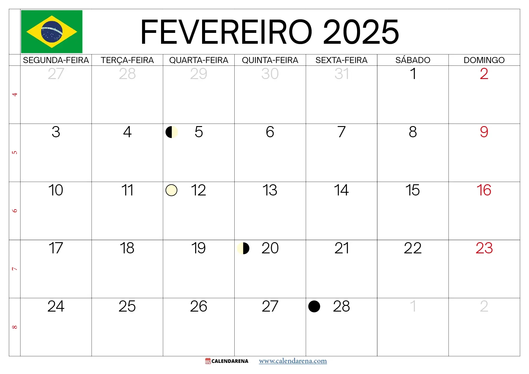 Calendário Fevereiro 2025 Brasil | Calendário de 2025 Fevereiro