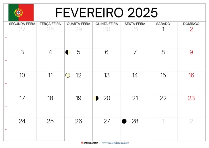 Calendário 2025 Fevereiro com Feriados