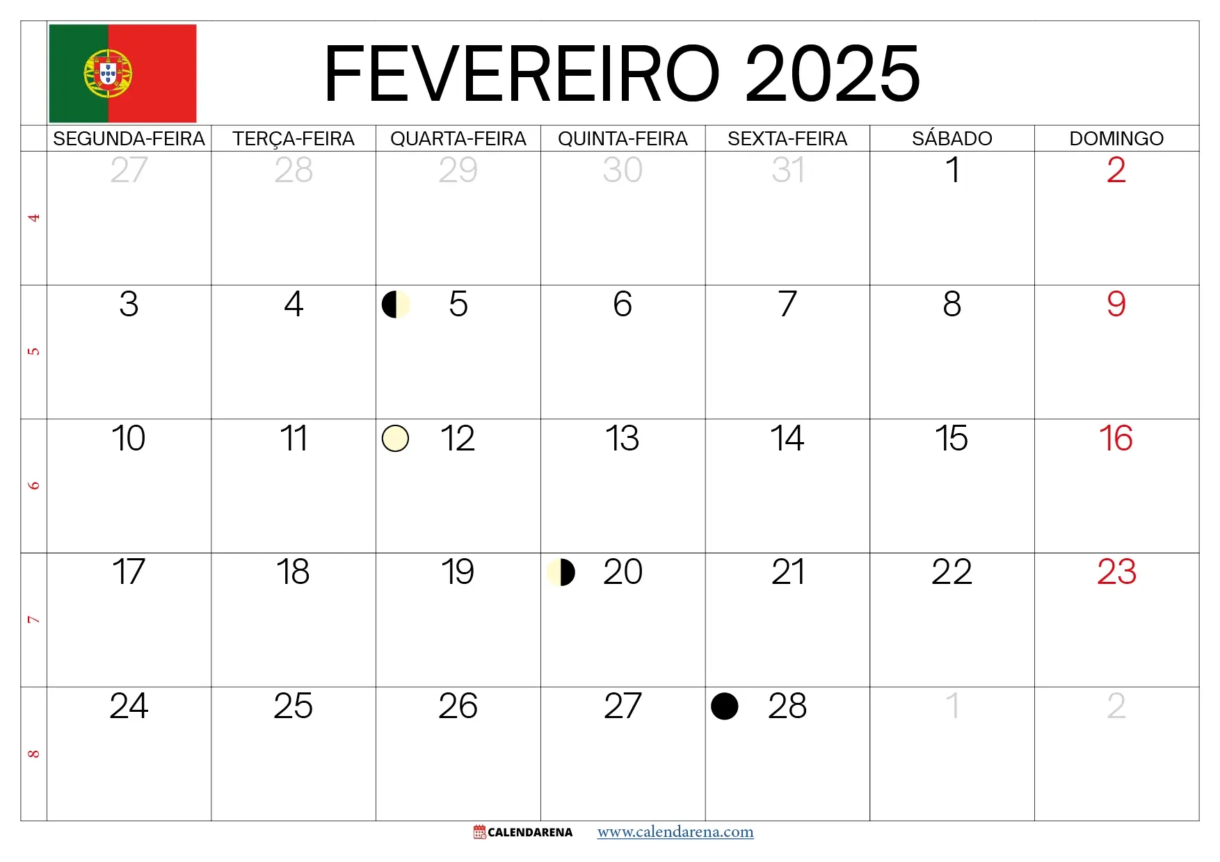 Calendário Fevereiro 2025 Portugal | Calendário 2025 Fevereiro com Feriados