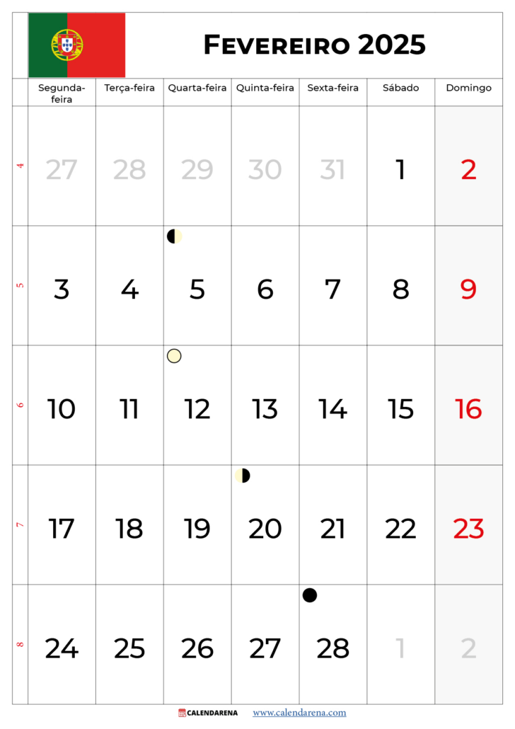 Calendário de Fevereiro 2025