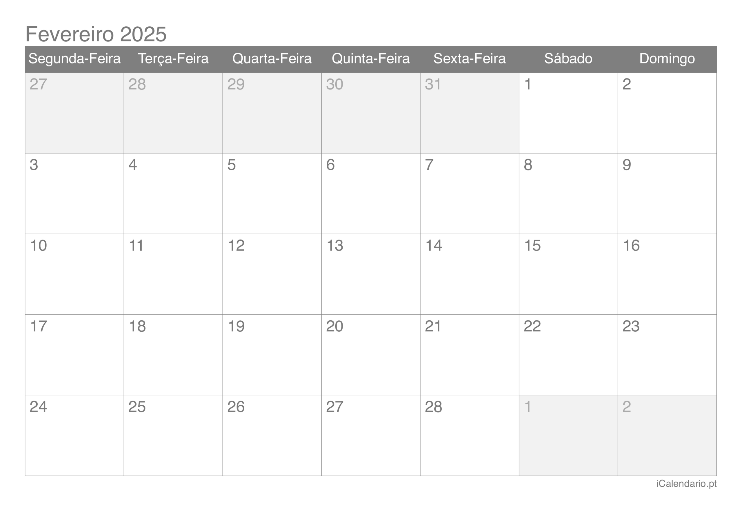 Calendário Fevereiro De 2025 Para Imprimir | Calendário de 2025 Fevereiro