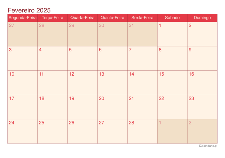 Calendário do Mês de Fevereiro 2025