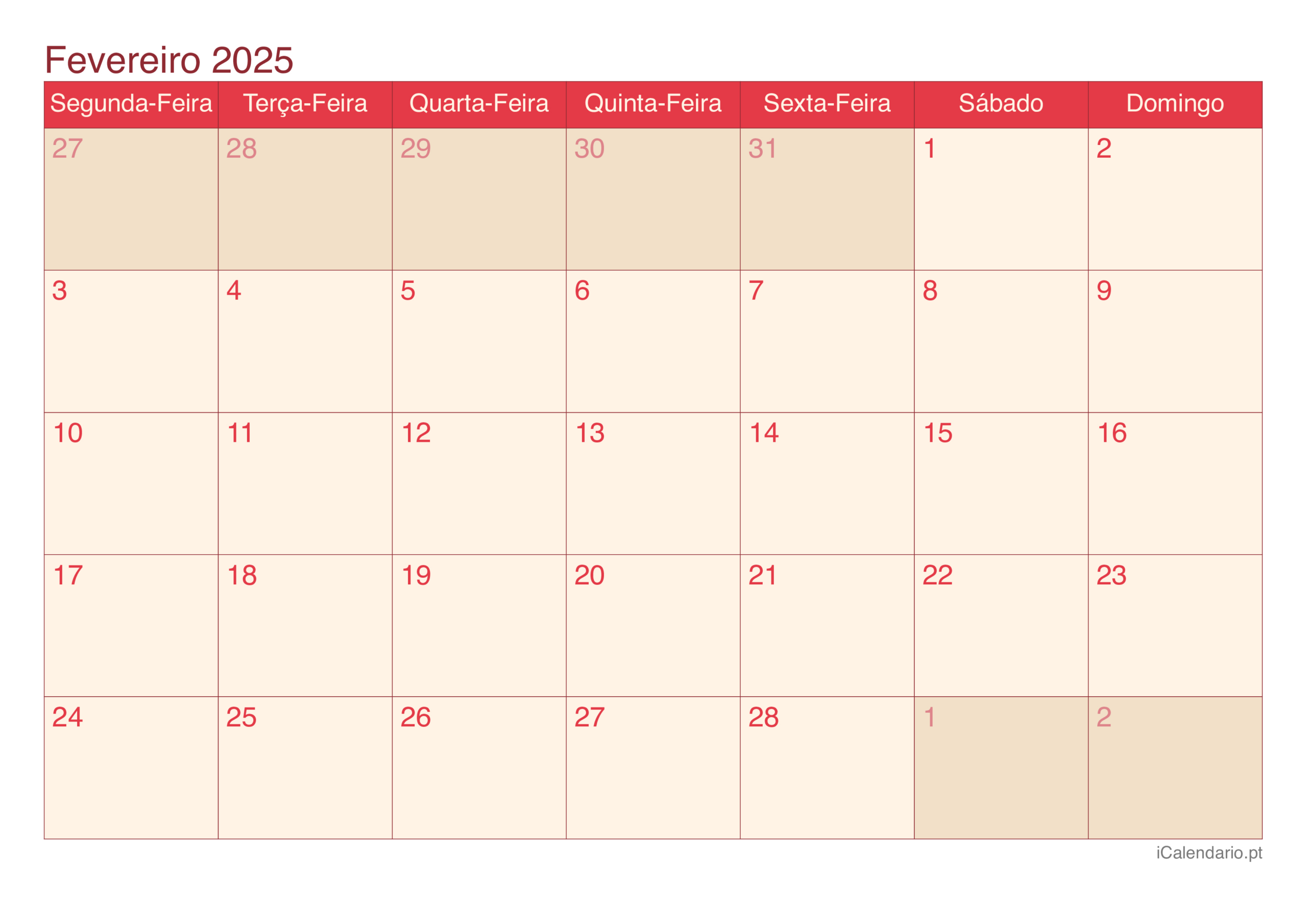 Calendário Fevereiro De 2025 Para Imprimir | Calendário Do Mês De Fevereiro 2025