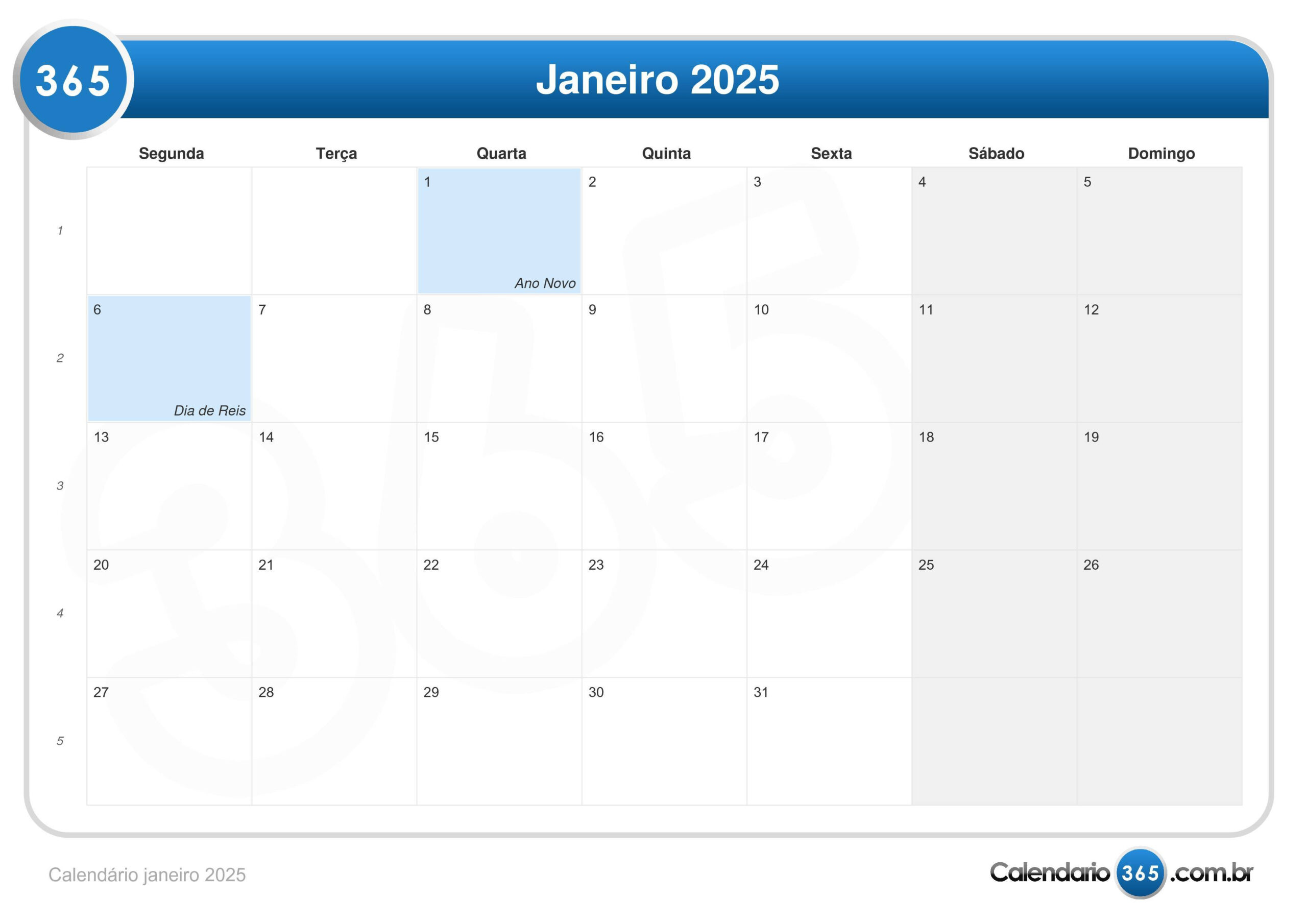 Calendário Janeiro 2025 | 1 De Janeiro De 2025