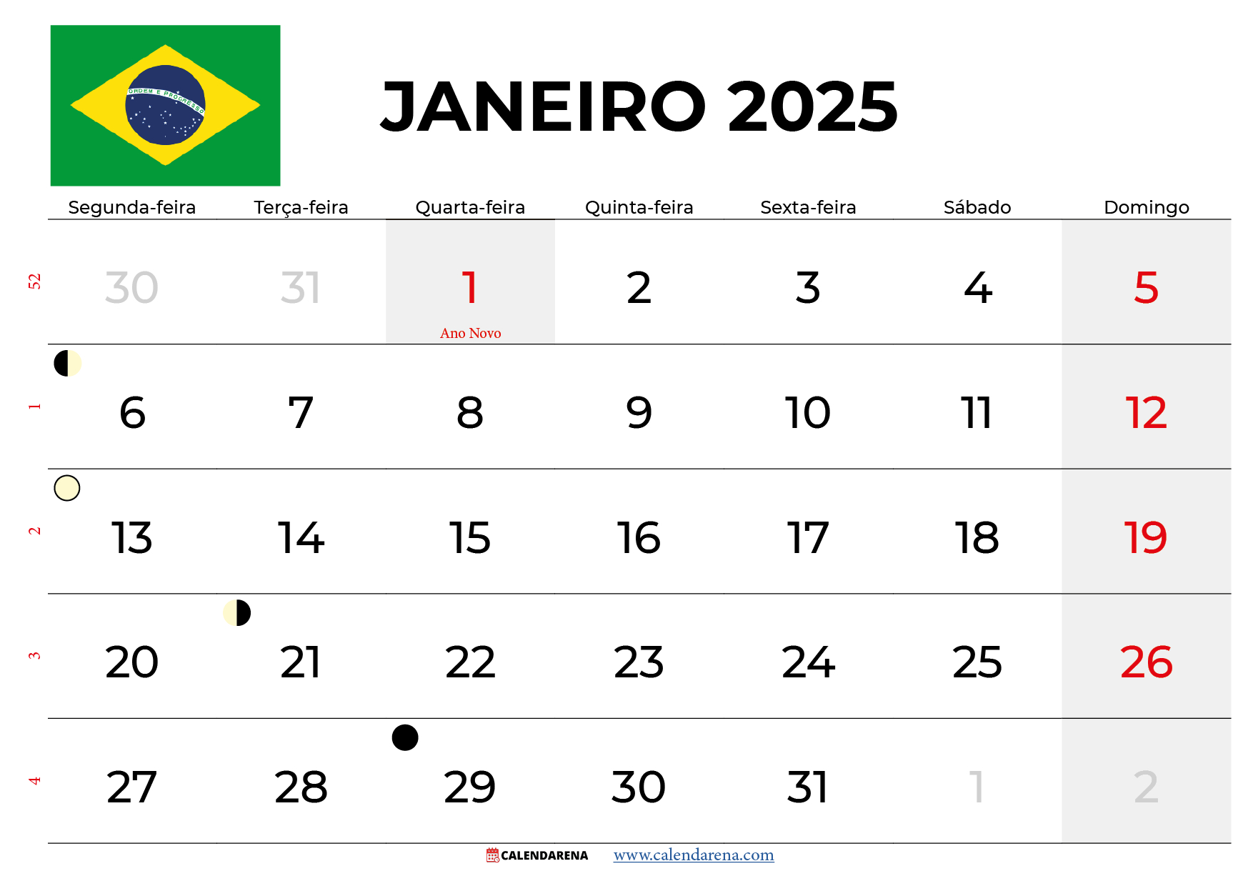 Calendario Janeiro 2025 Brasil | 1 de Janeiro de 2025